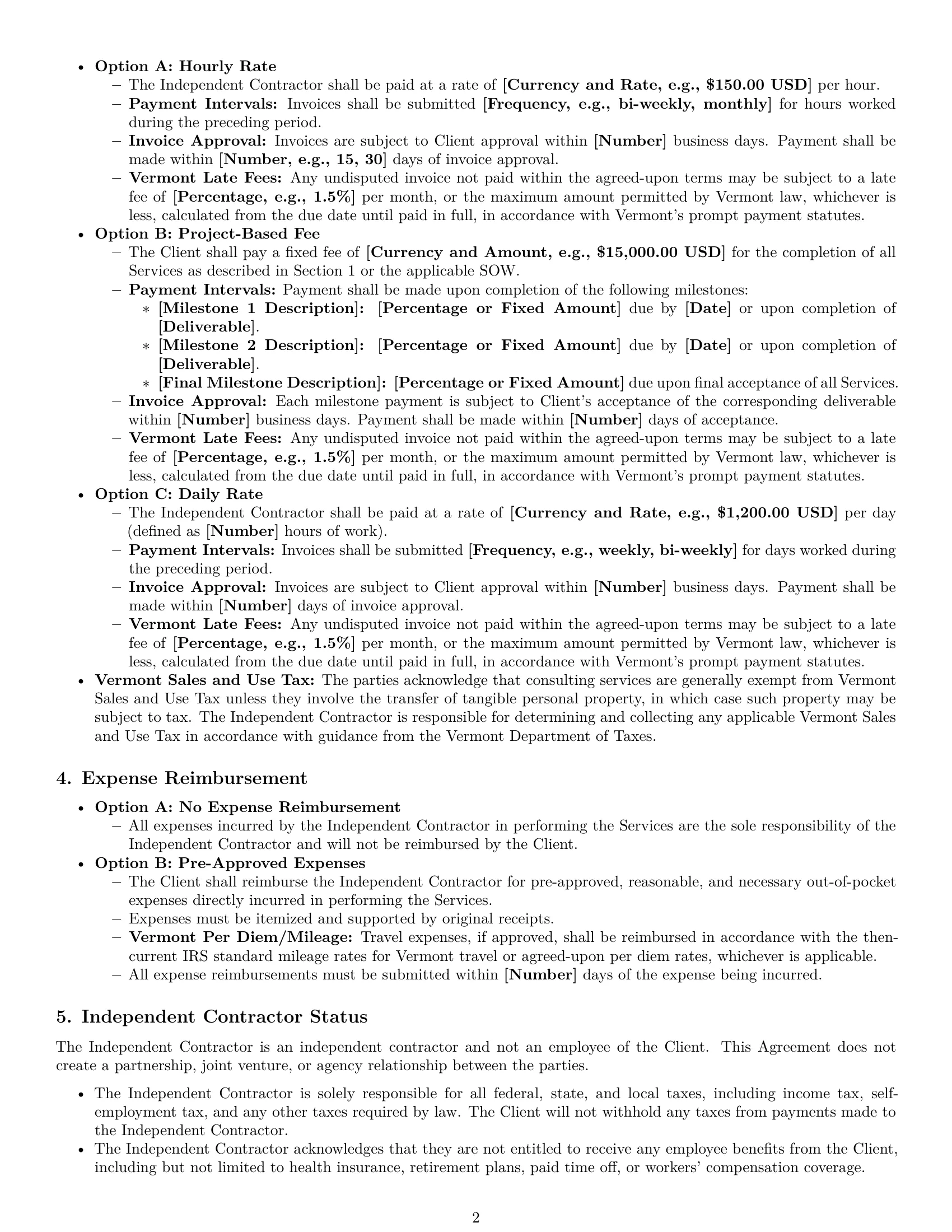 Preview page 2 of Pro Vermont consulting independent contractor agreement template