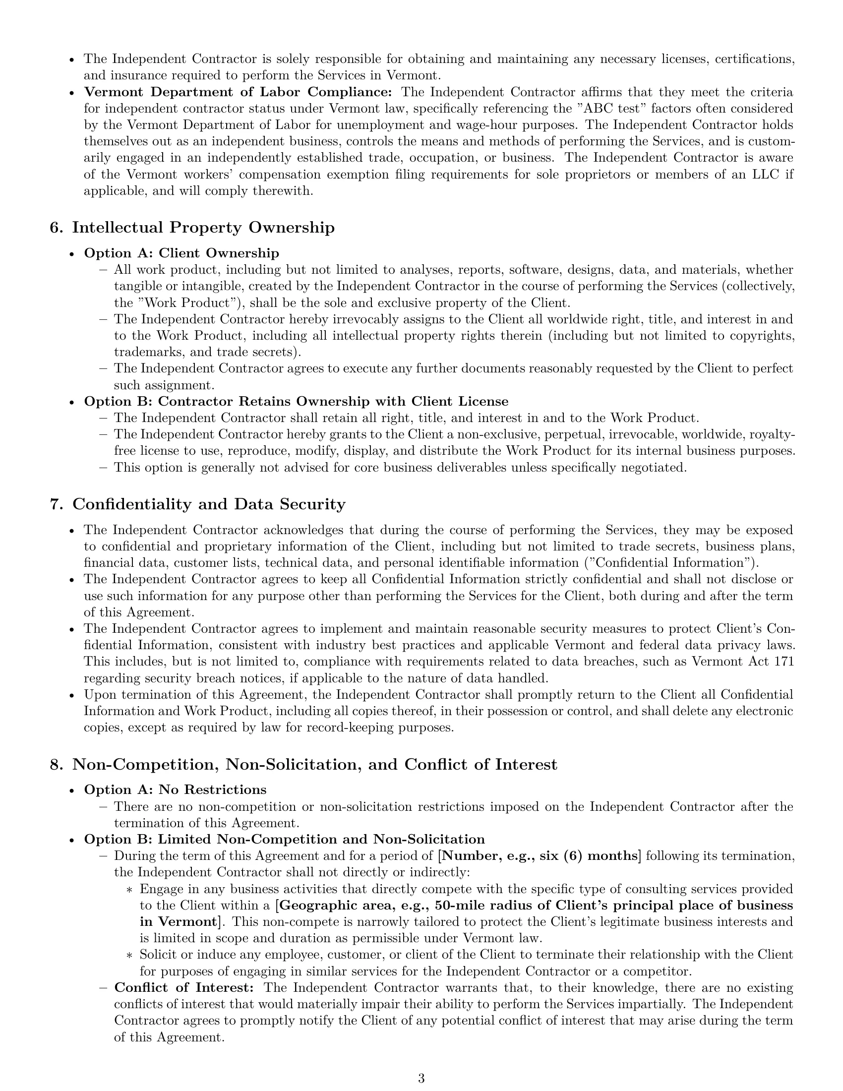 Preview page 3 of Pro Vermont consulting independent contractor agreement template