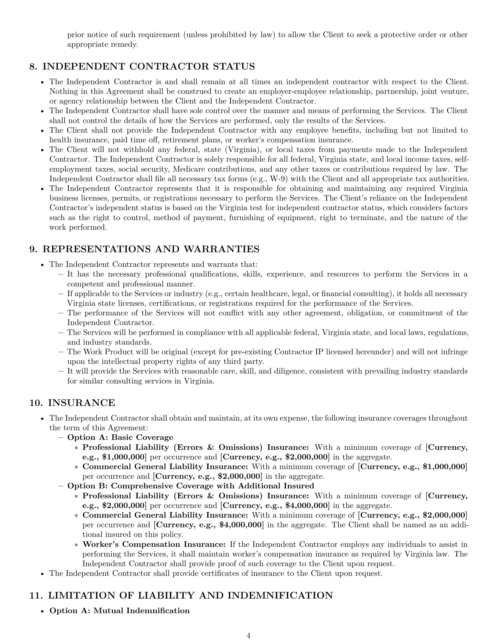 Preview page 4 of Pro Virginia consulting independent contractor agreement template