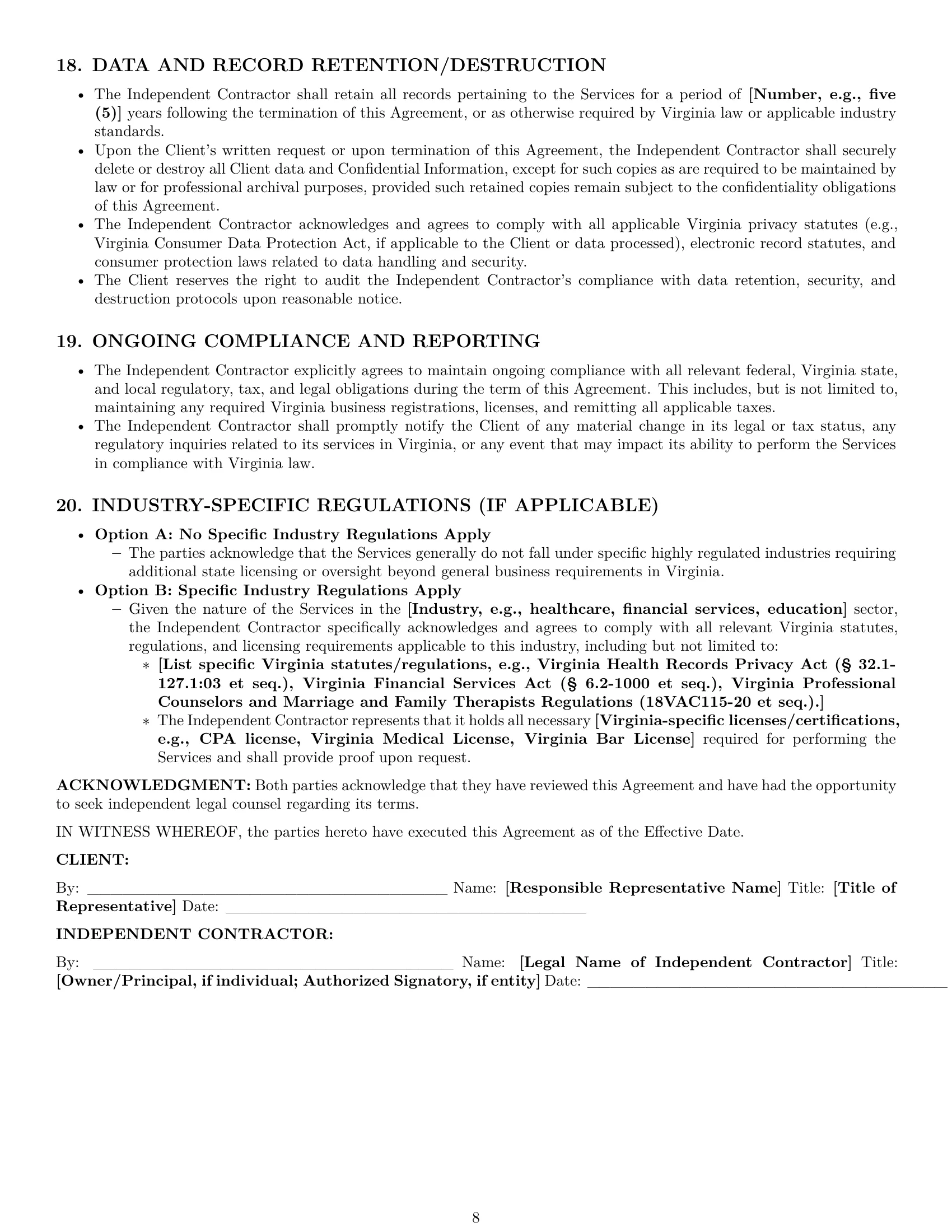 Preview page 8 of Pro Virginia consulting independent contractor agreement template