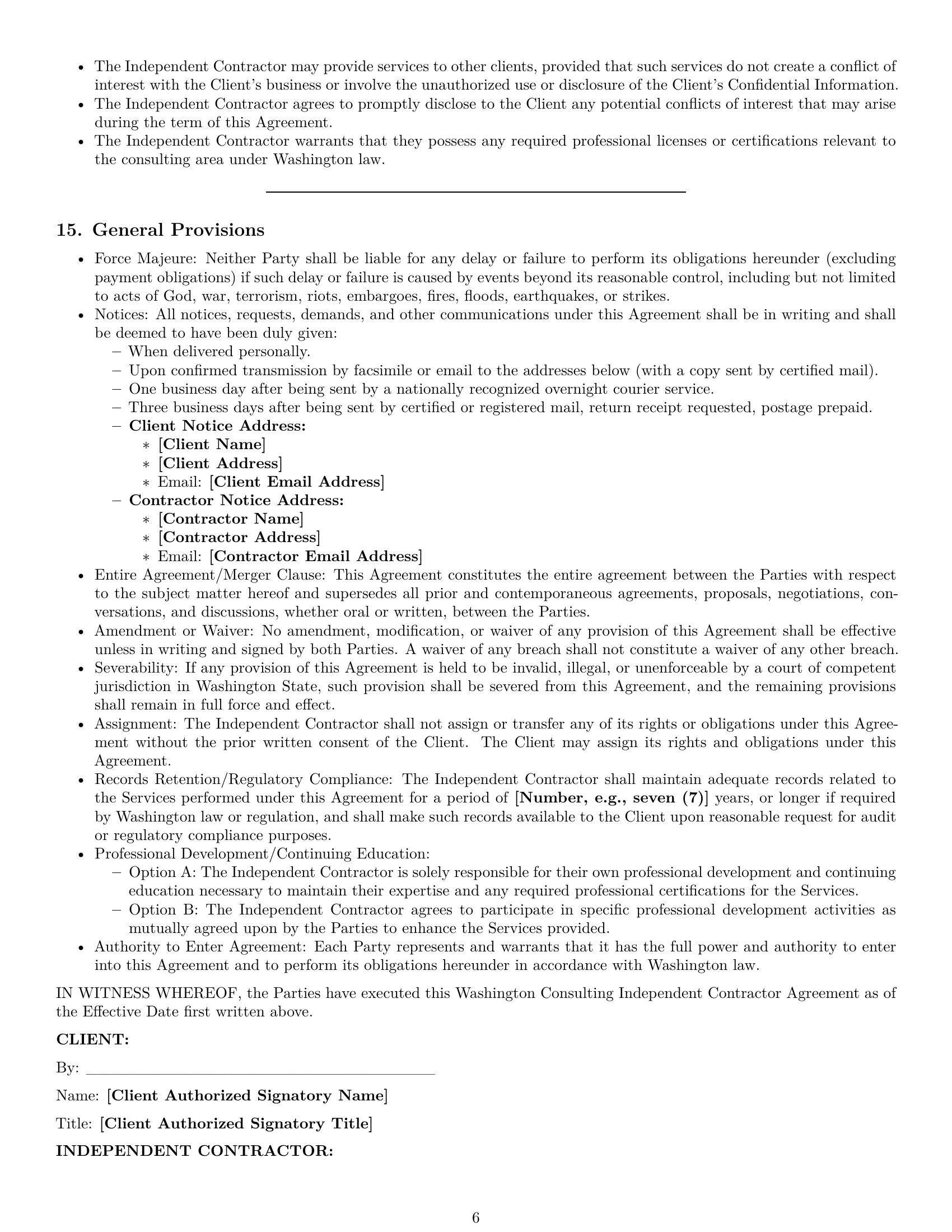 Preview page 6 of Pro Washington consulting independent contractor agreement template