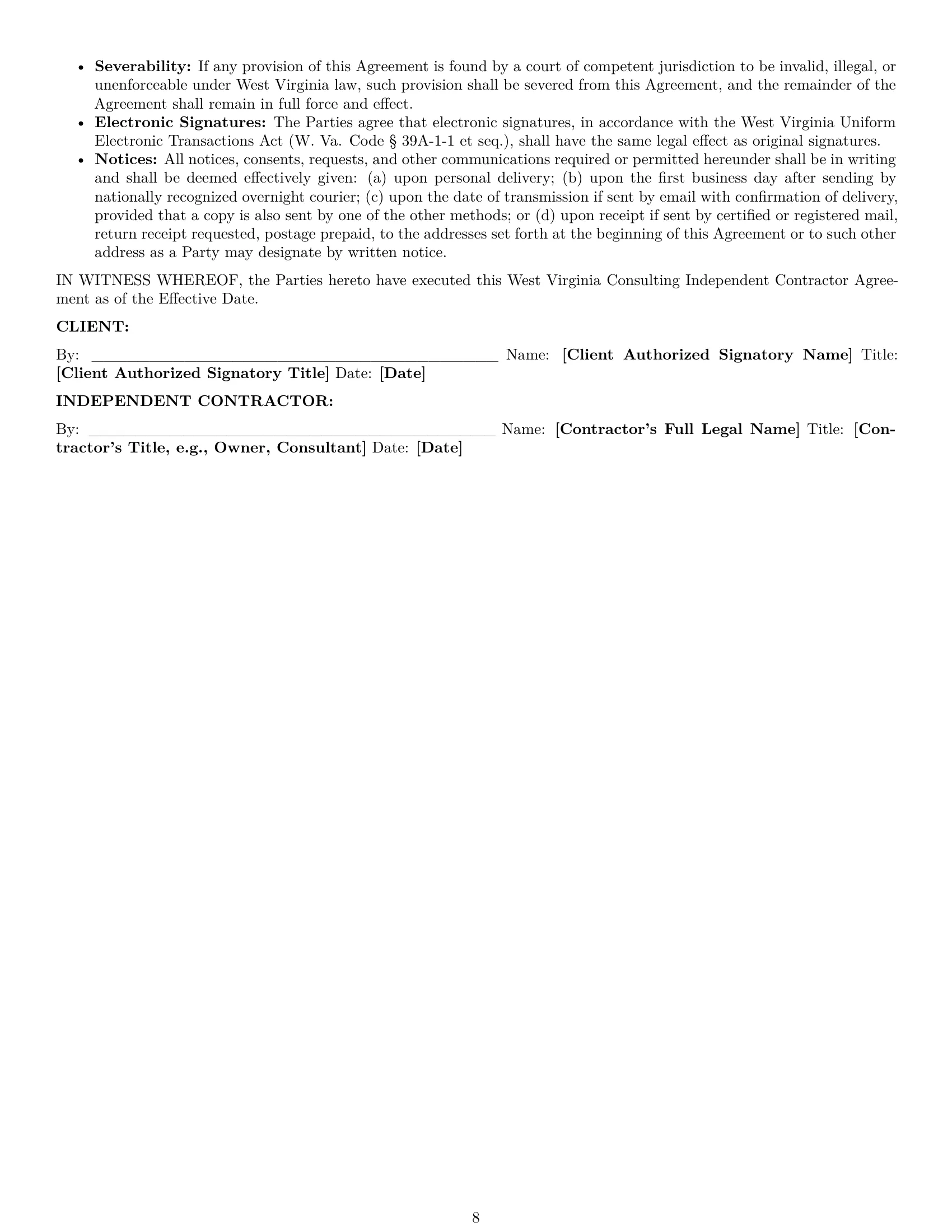 Preview page 8 of Pro West Virginia consulting independent contractor agreement template