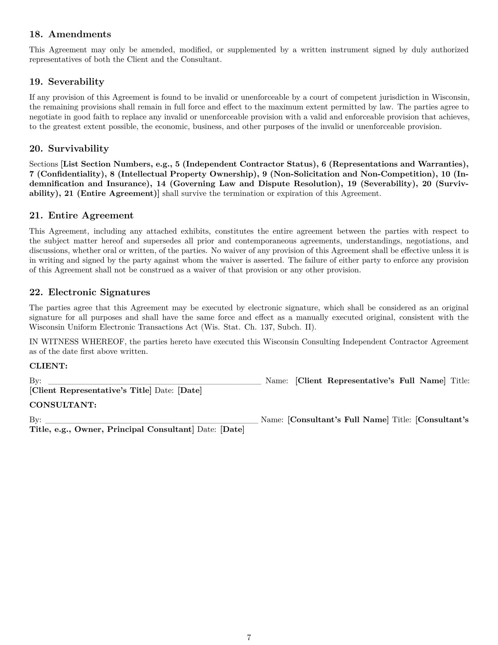 Preview page 7 of Pro Wisconsin consulting independent contractor agreement template