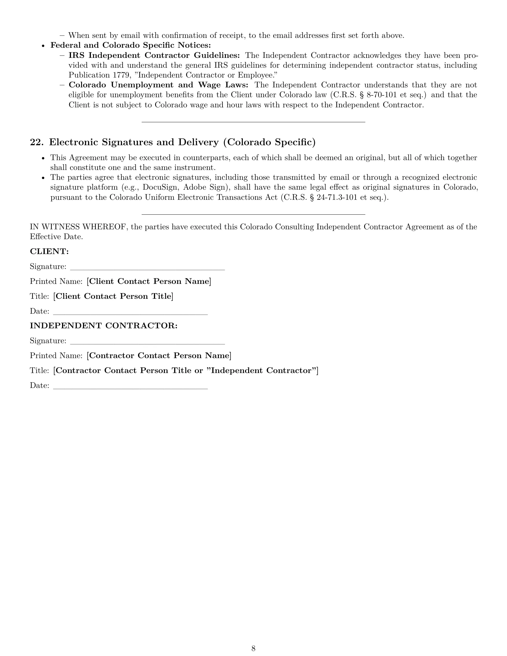 Preview page 8 of Pro Colorado consulting independent contractor agreement template