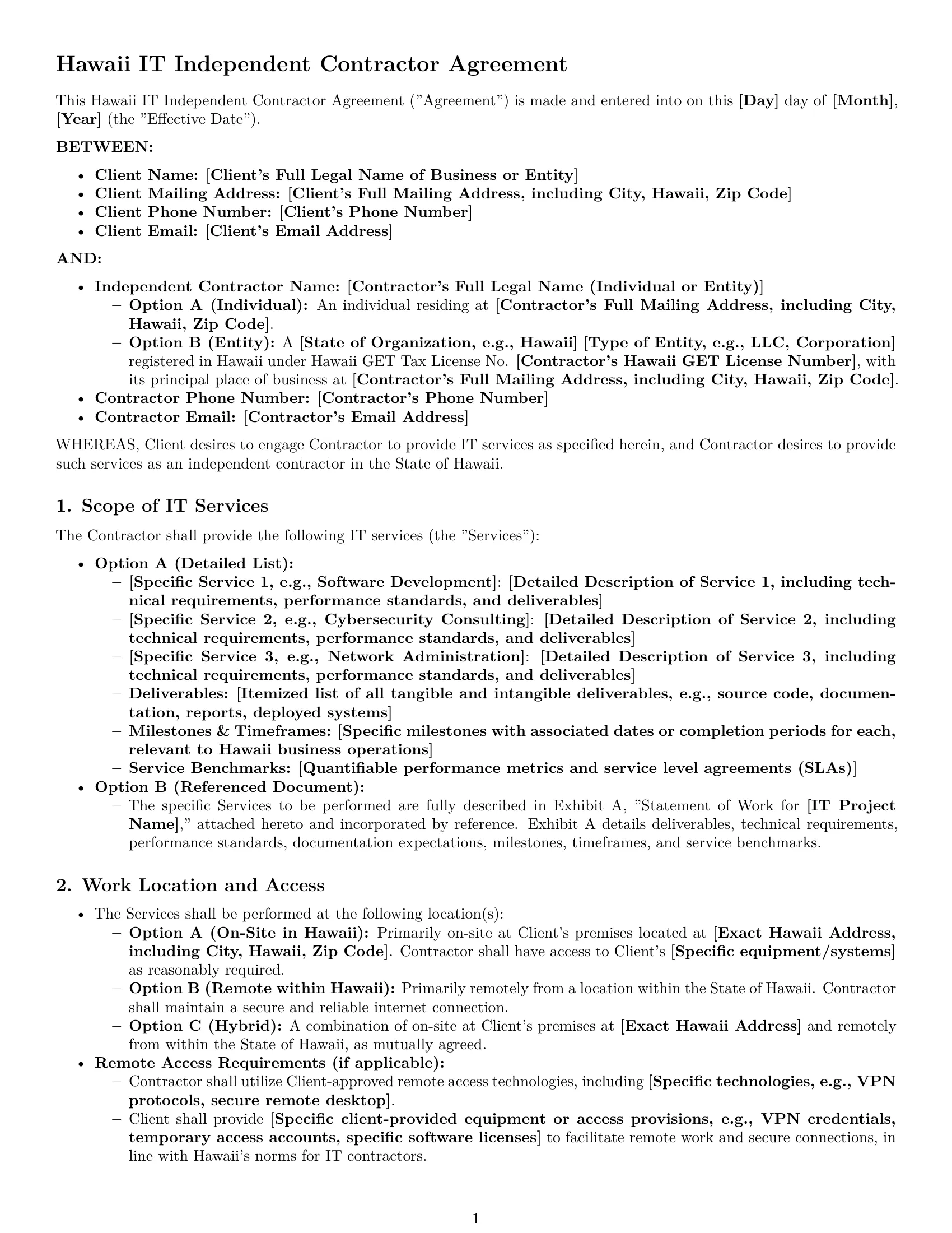 Preview page 1 of Pro Hawaii IT independent contractor agreement template