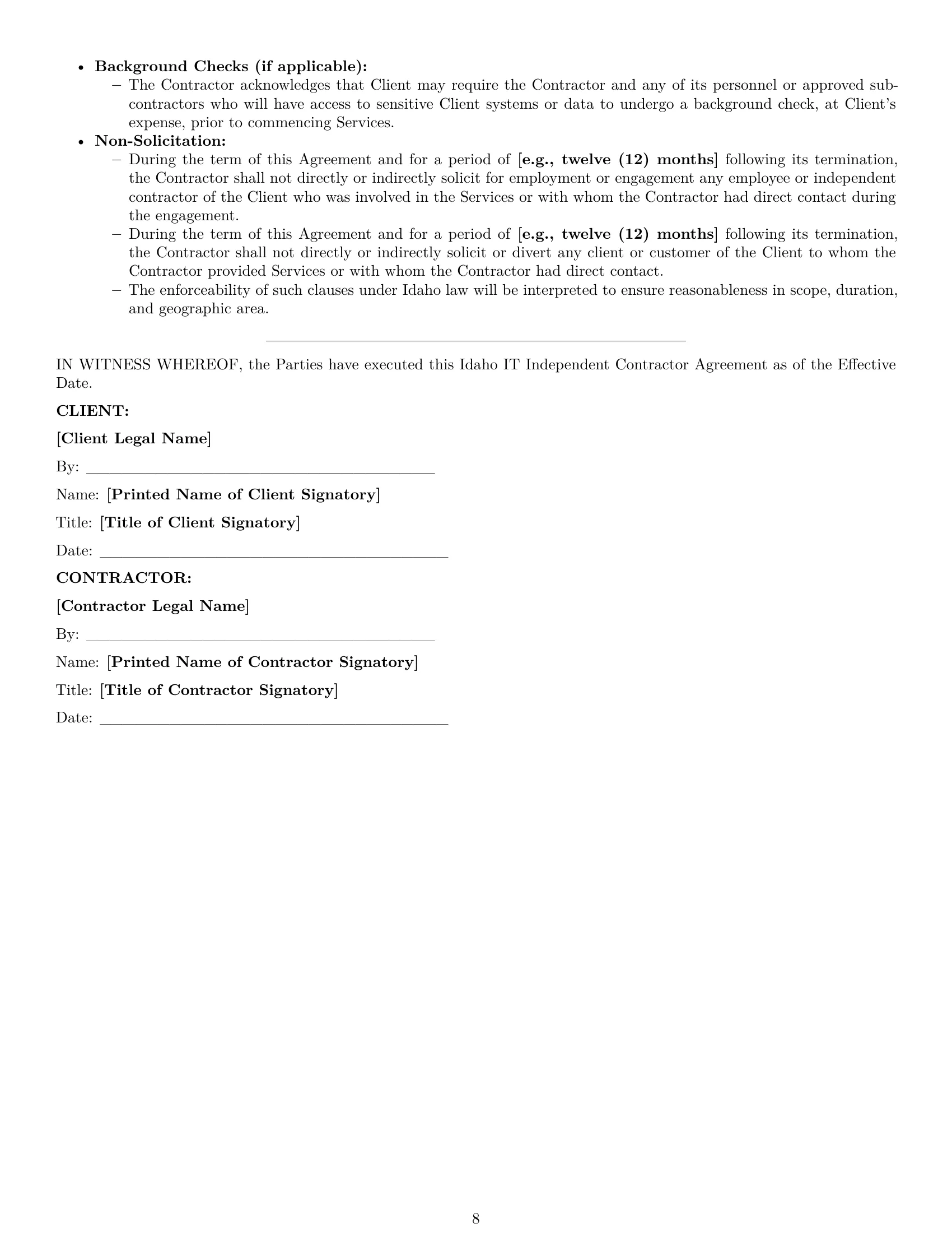 Preview page 8 of Pro Idaho IT independent contractor agreement template