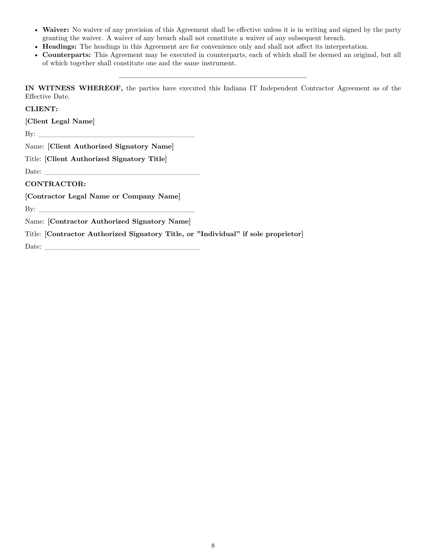 Preview page 8 of Pro Indiana IT independent contractor agreement template