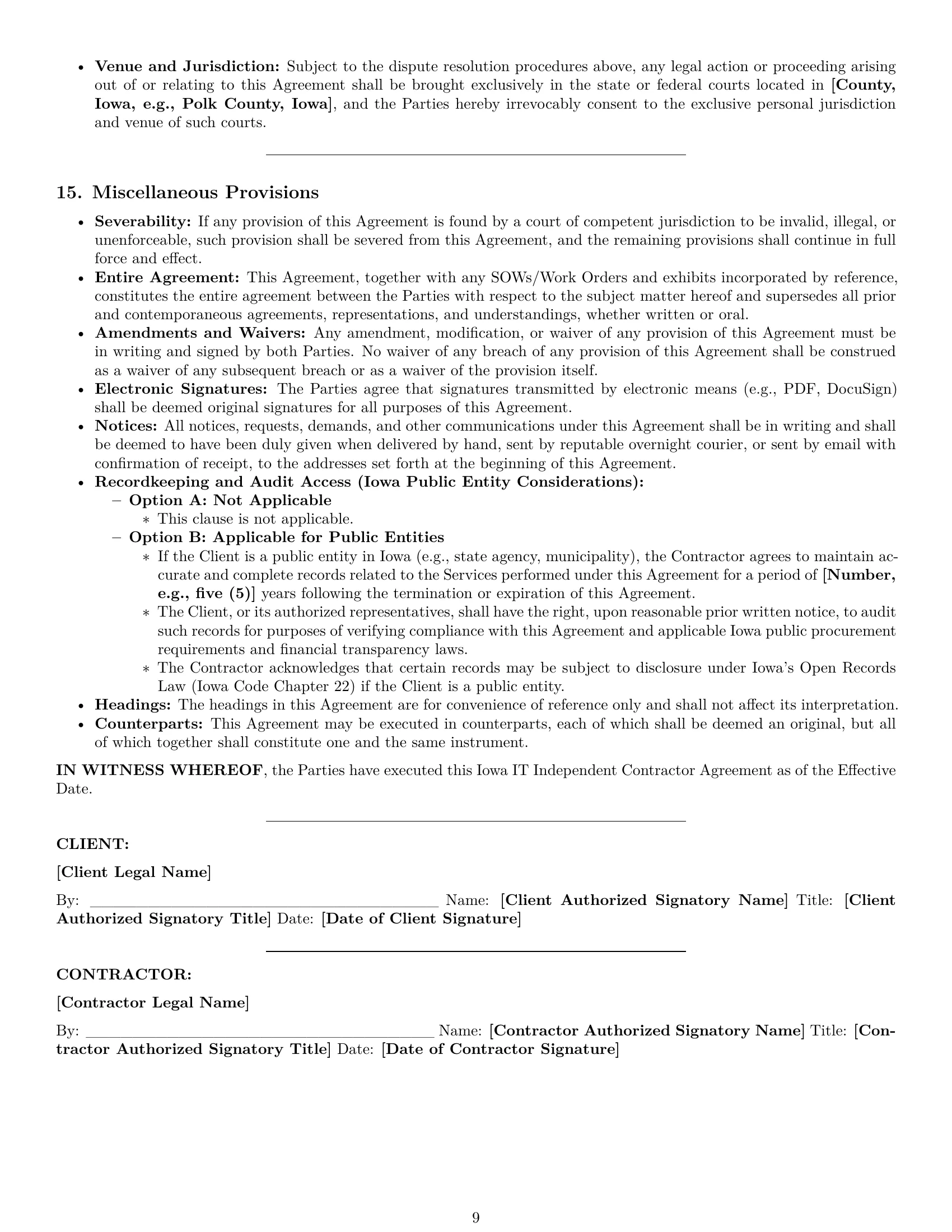 Preview page 9 of Pro Iowa IT independent contractor agreement template
