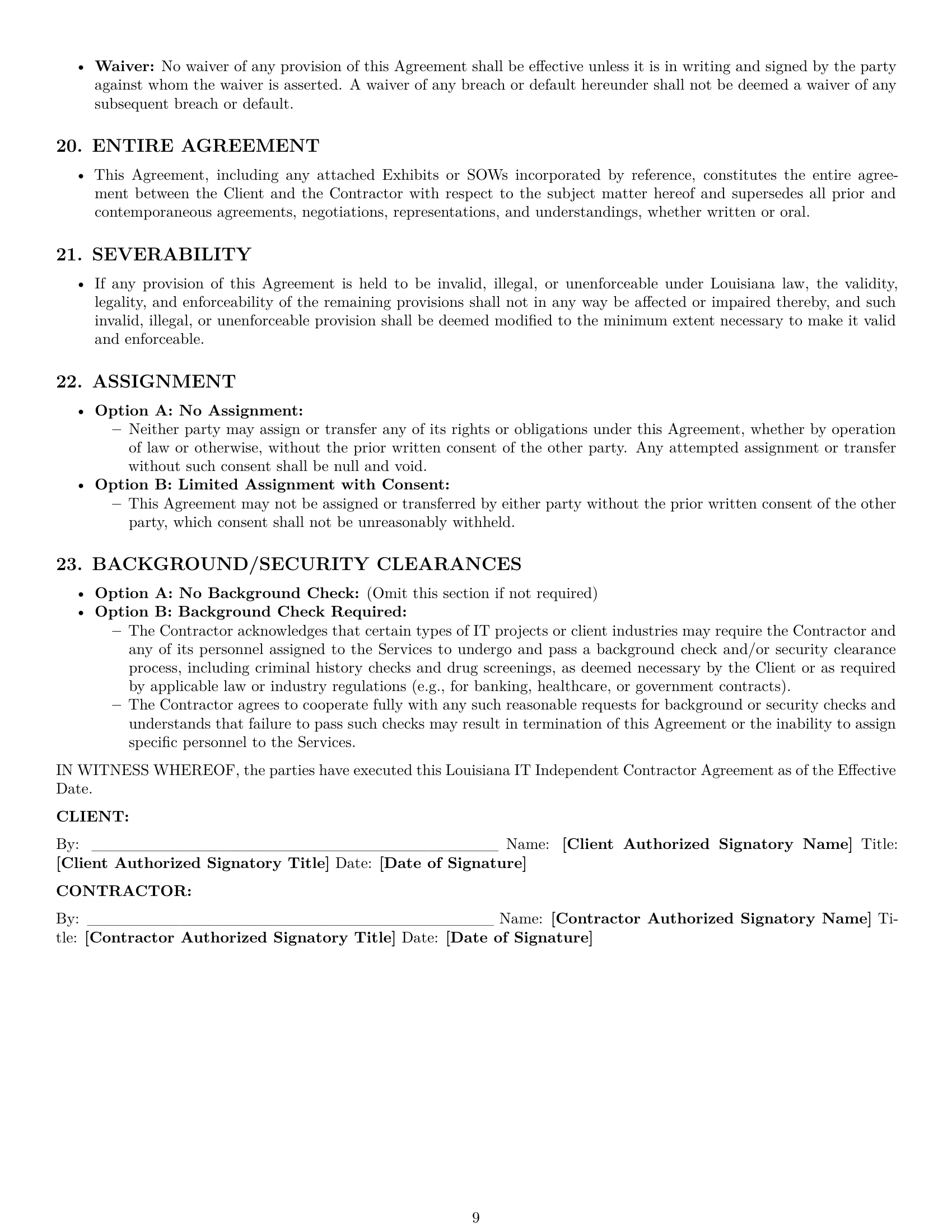 Preview page 9 of Pro Louisiana IT independent contractor agreement template