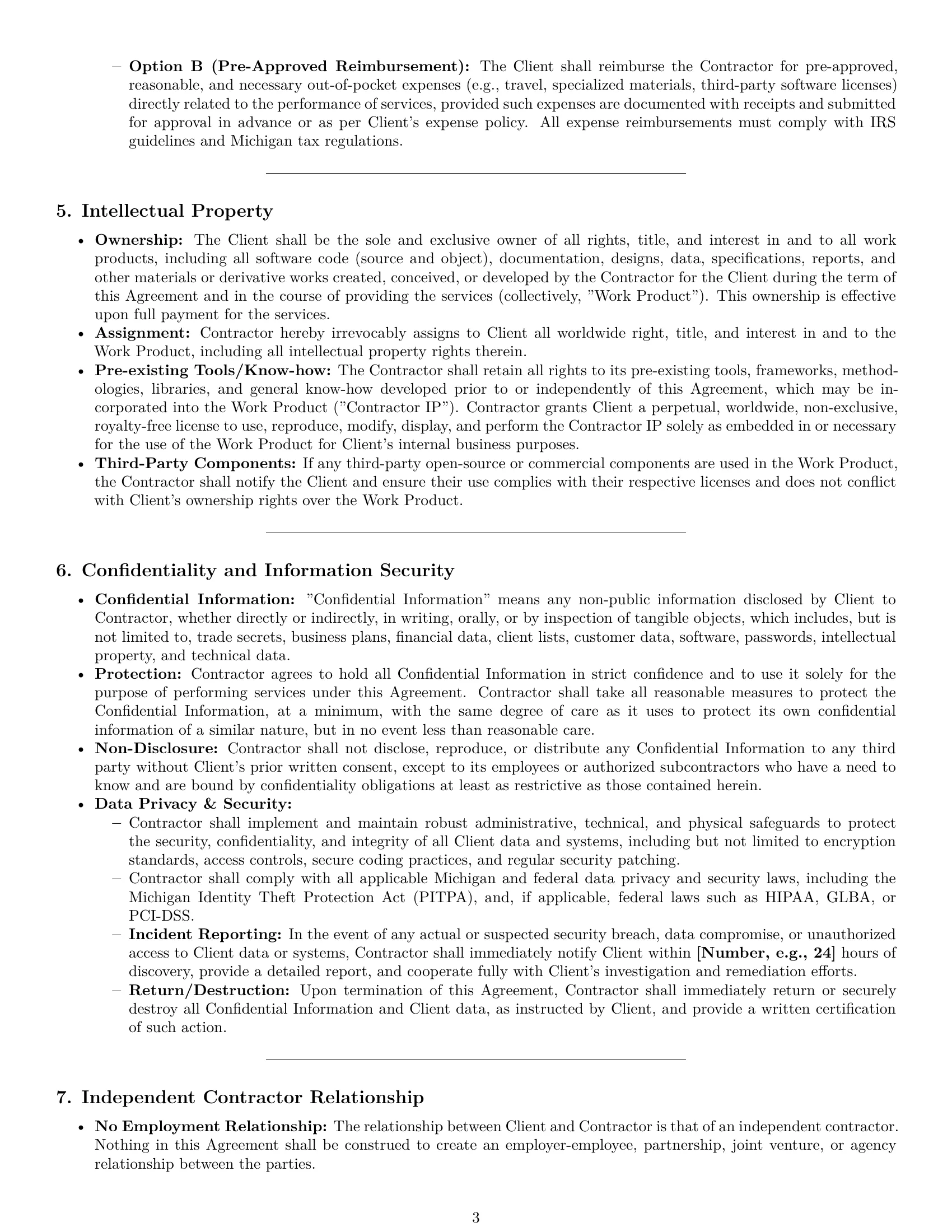 Preview page 3 of Pro Michigan IT independent contractor agreement template