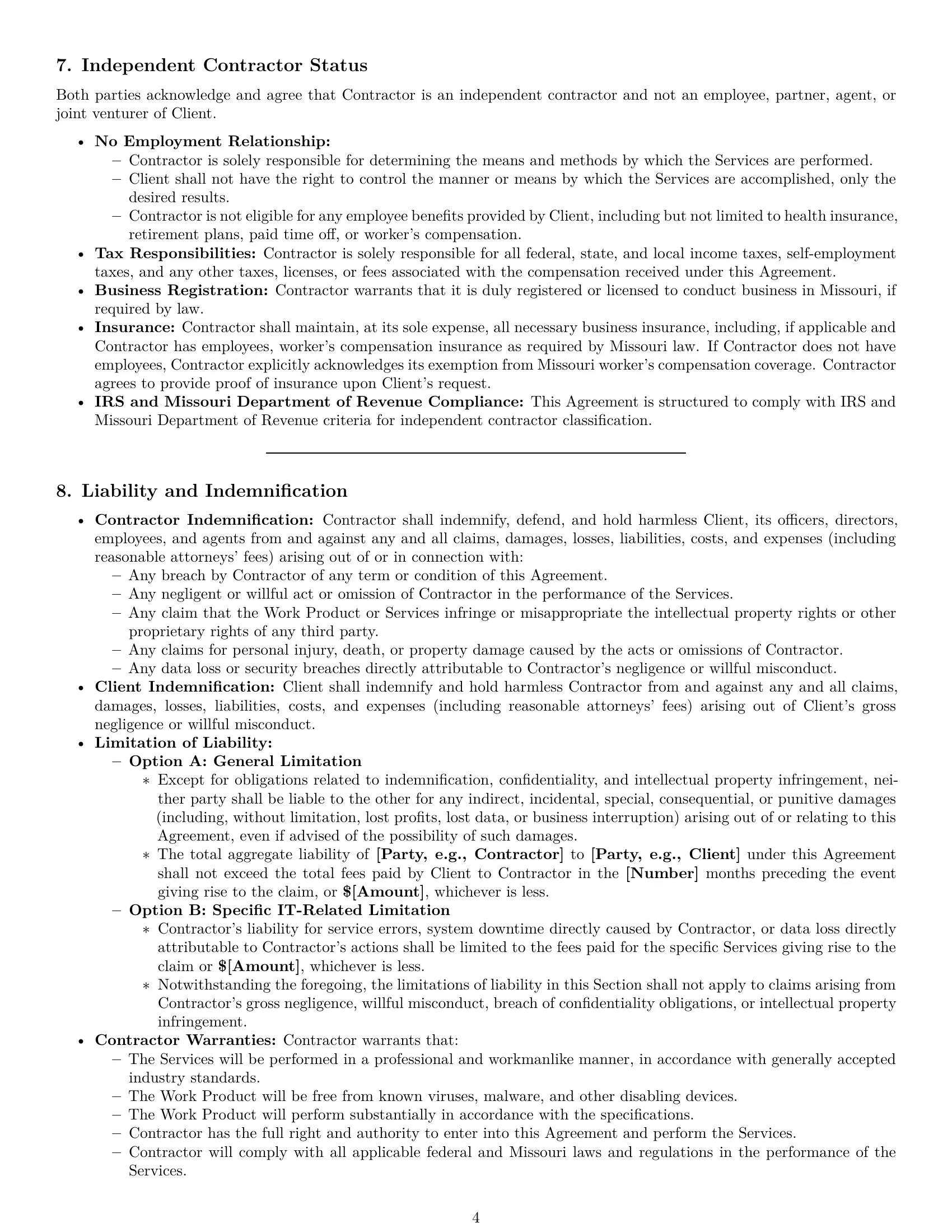 Preview page 4 of Pro Missouri IT independent contractor agreement template