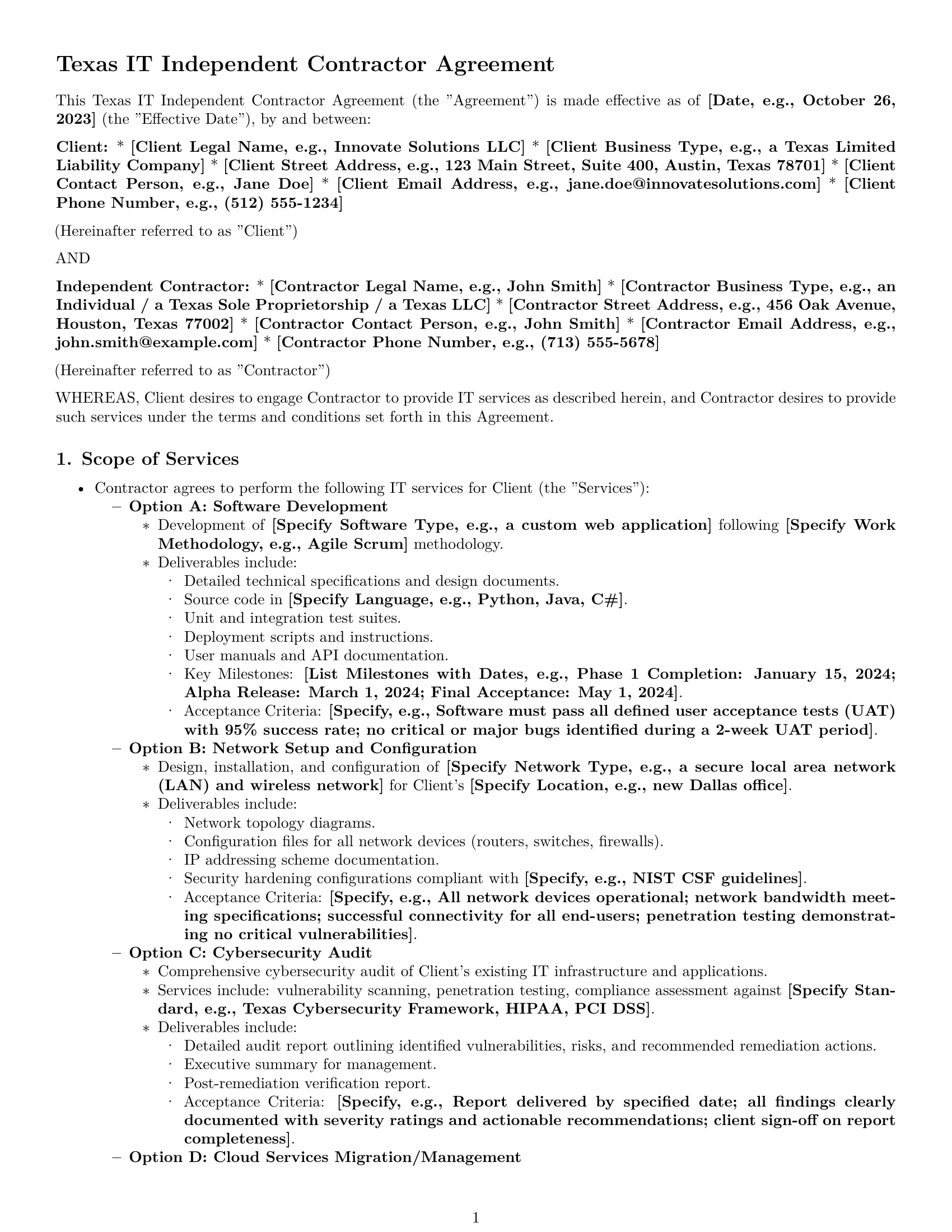 Preview page 1 of Pro Texas IT independent contractor agreement template