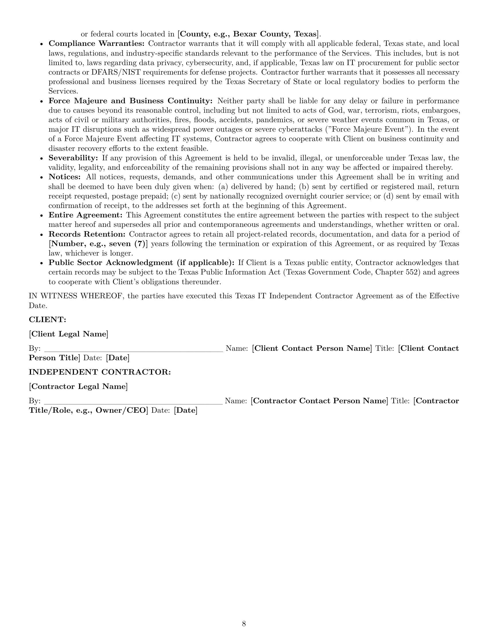 Preview page 8 of Pro Texas IT independent contractor agreement template
