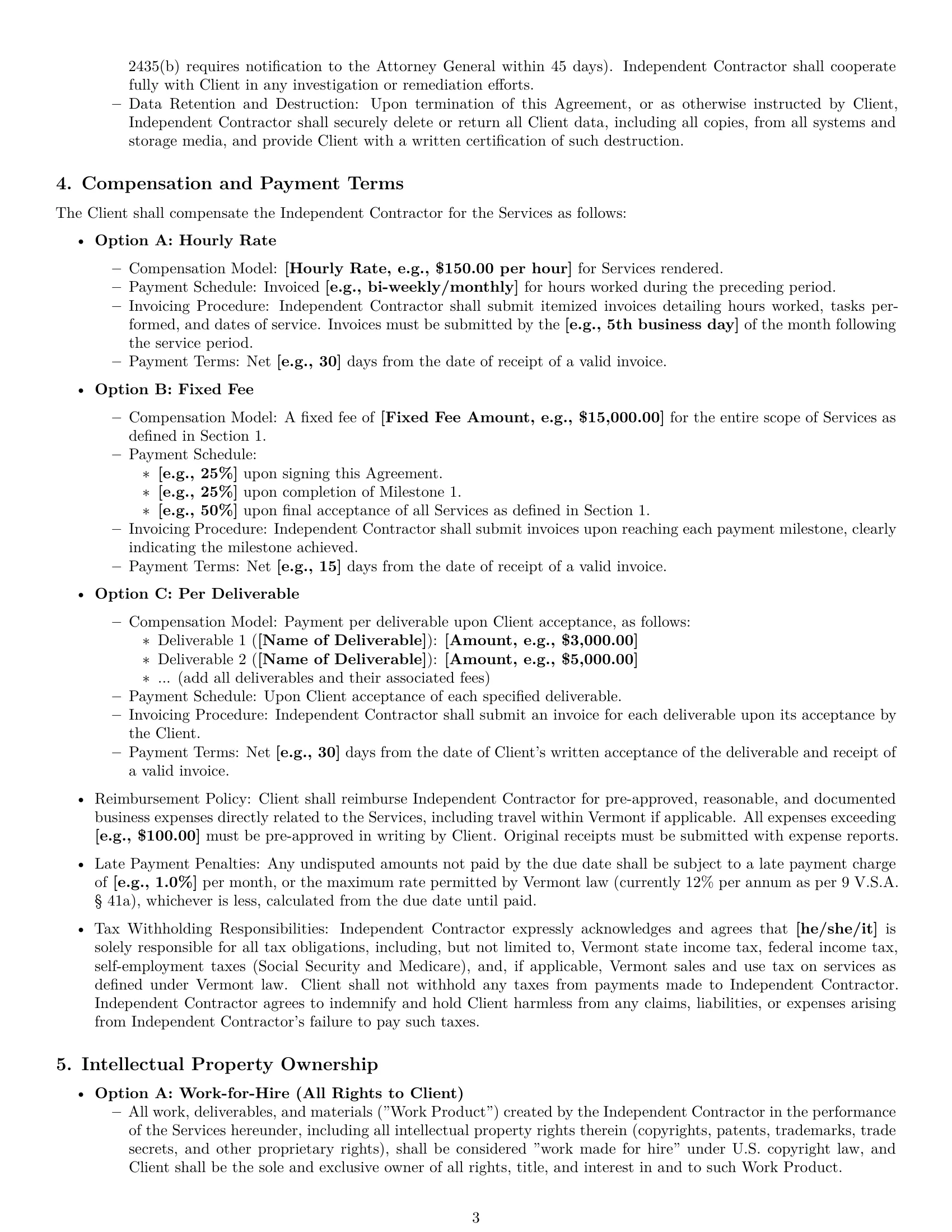 Preview page 3 of Pro Vermont IT independent contractor agreement template