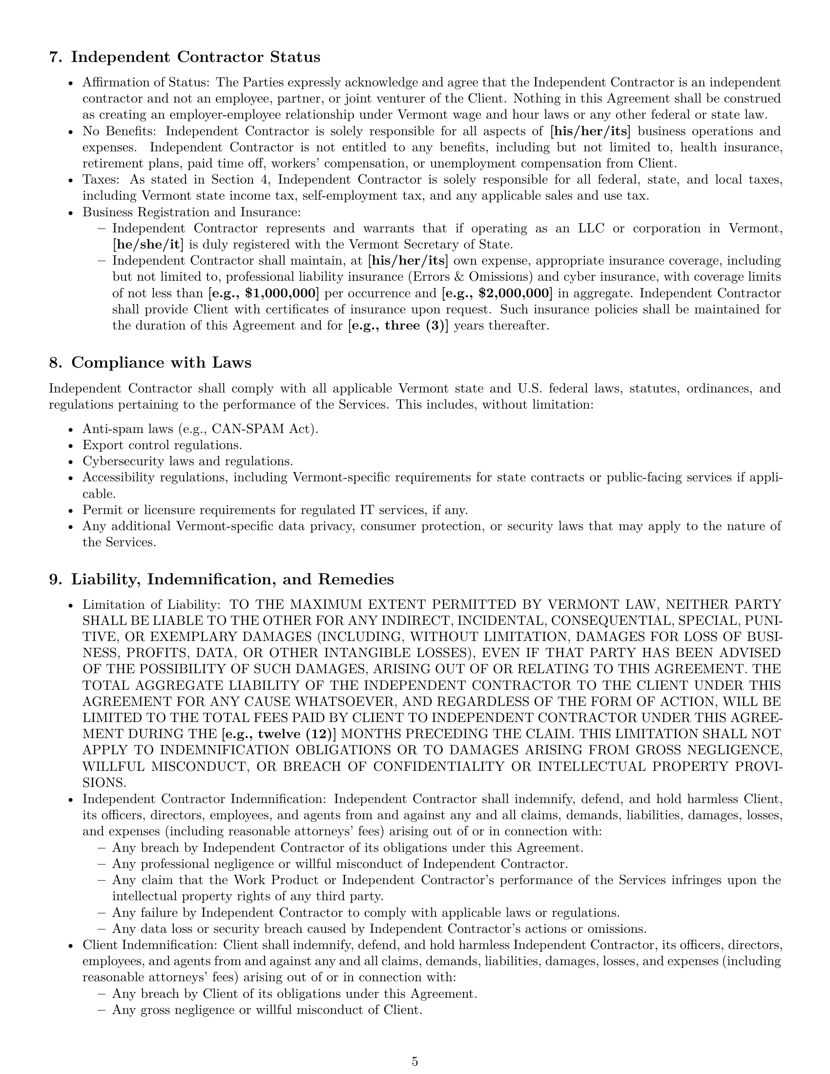Preview page 5 of Pro Vermont IT independent contractor agreement template