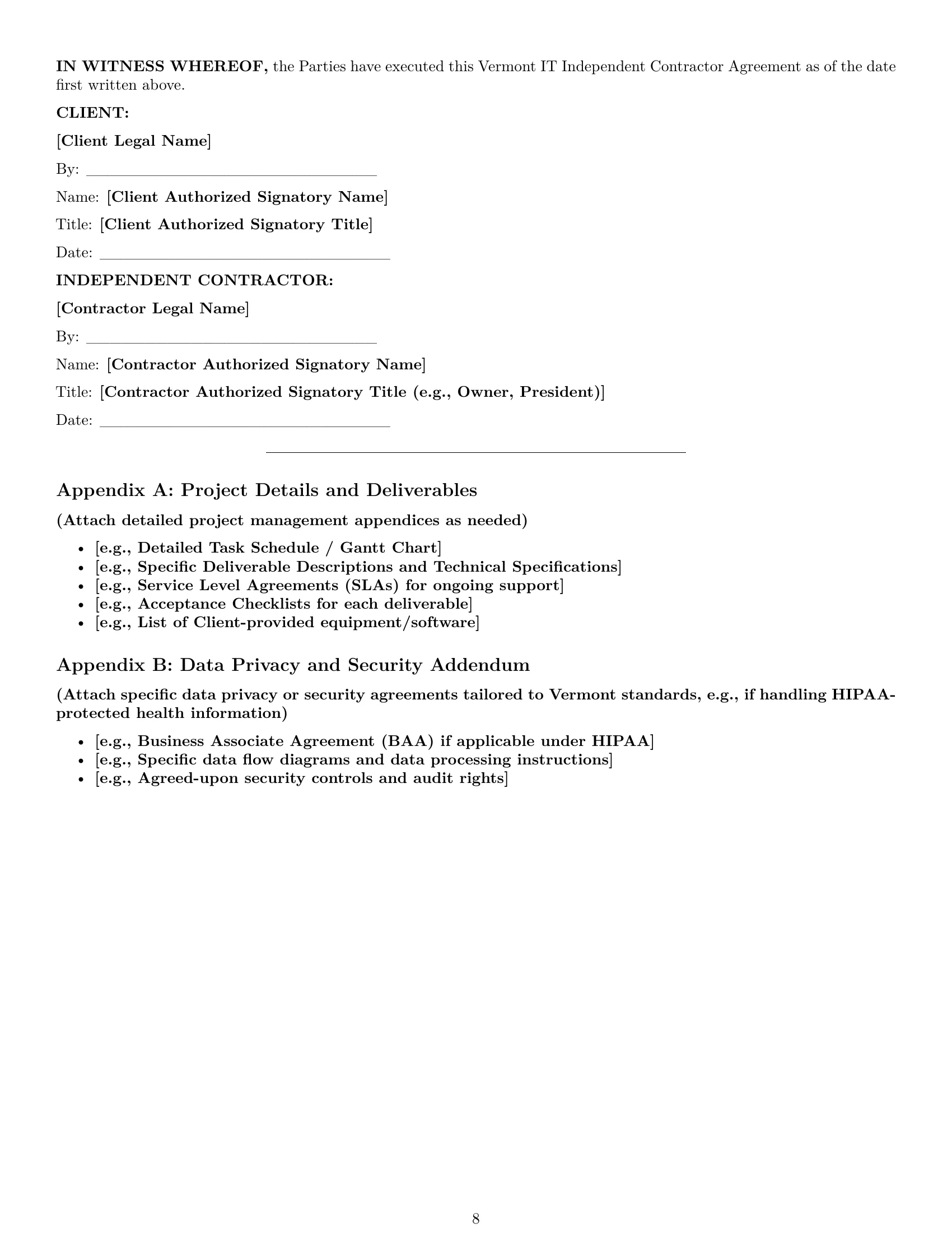 Preview page 8 of Pro Vermont IT independent contractor agreement template