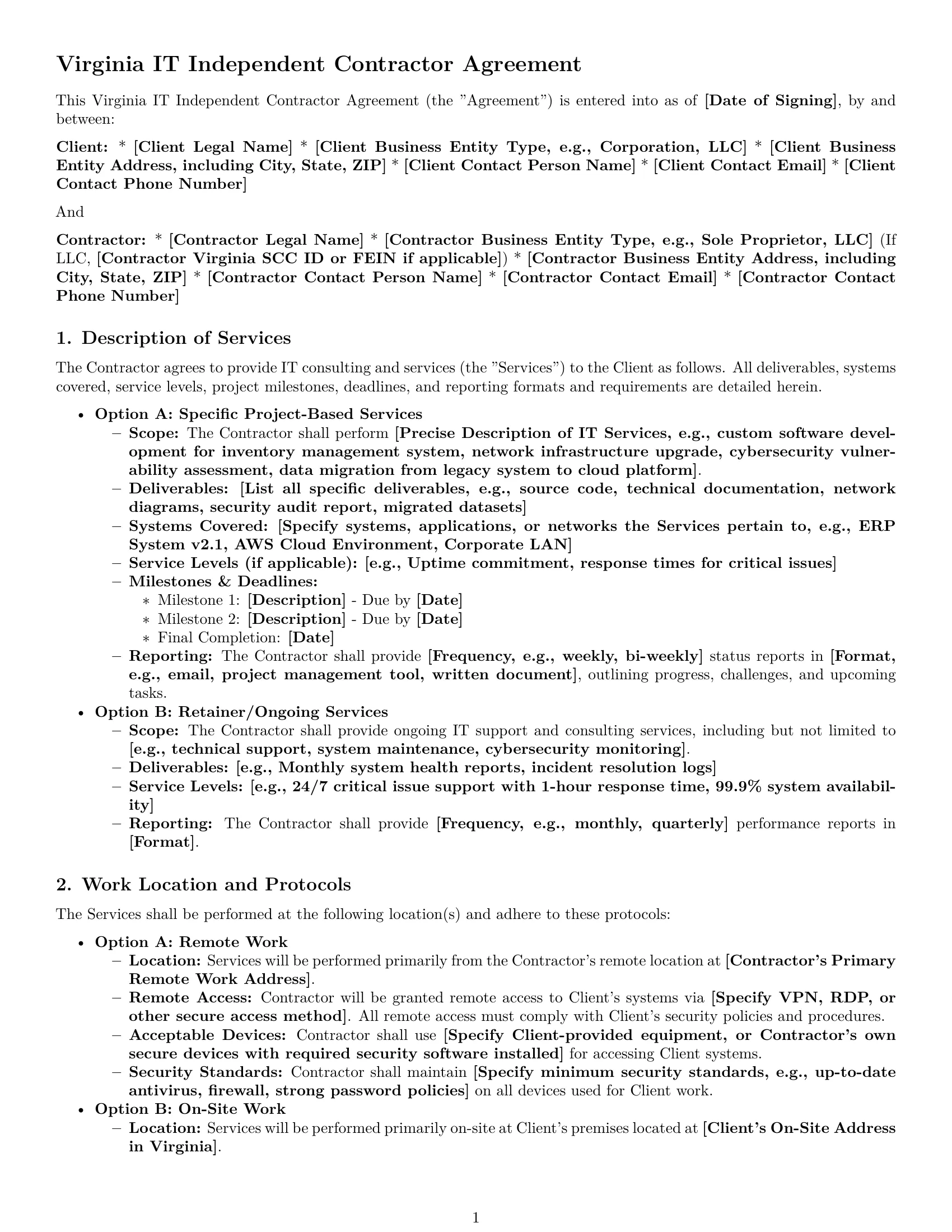 Preview page 1 of Pro Virginia IT independent contractor agreement template