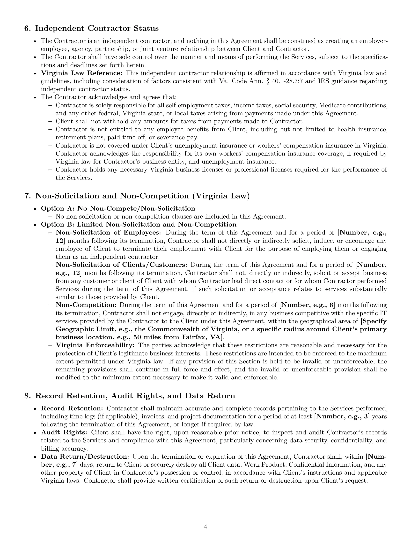 Preview page 4 of Pro Virginia IT independent contractor agreement template