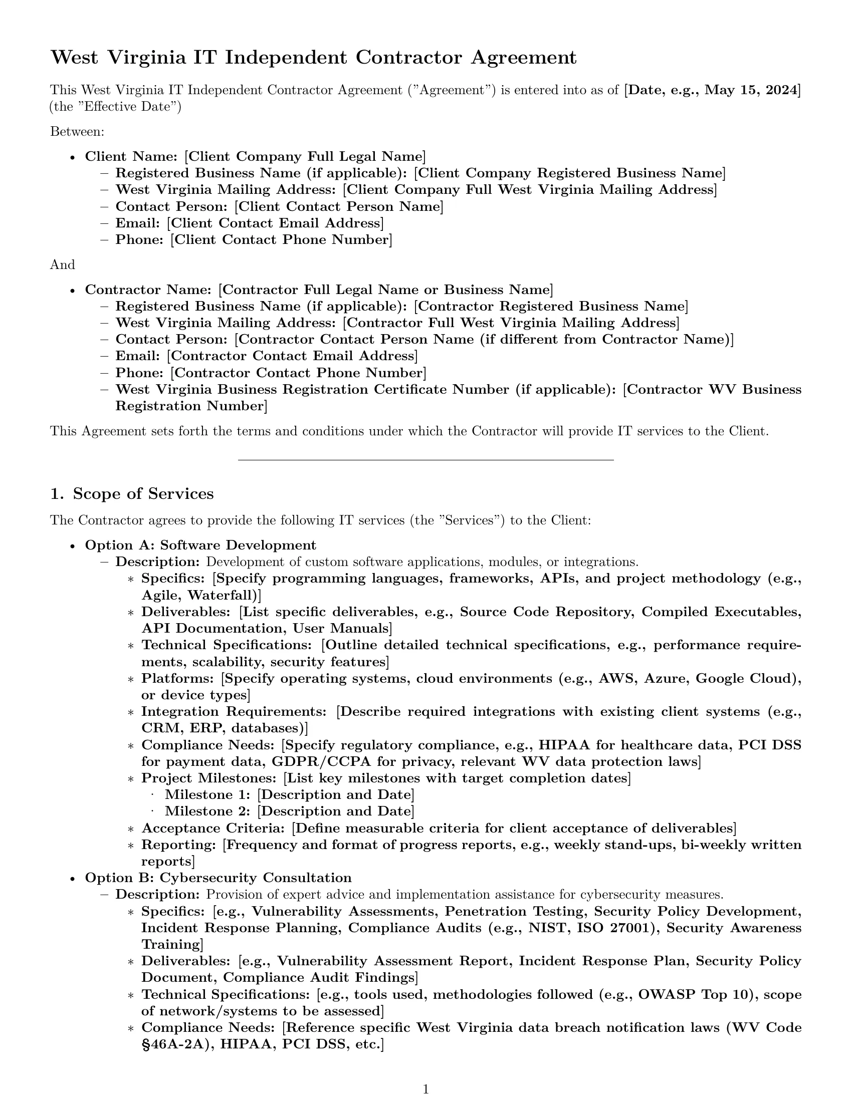 Preview page 1 of Pro West Virginia IT independent contractor agreement template