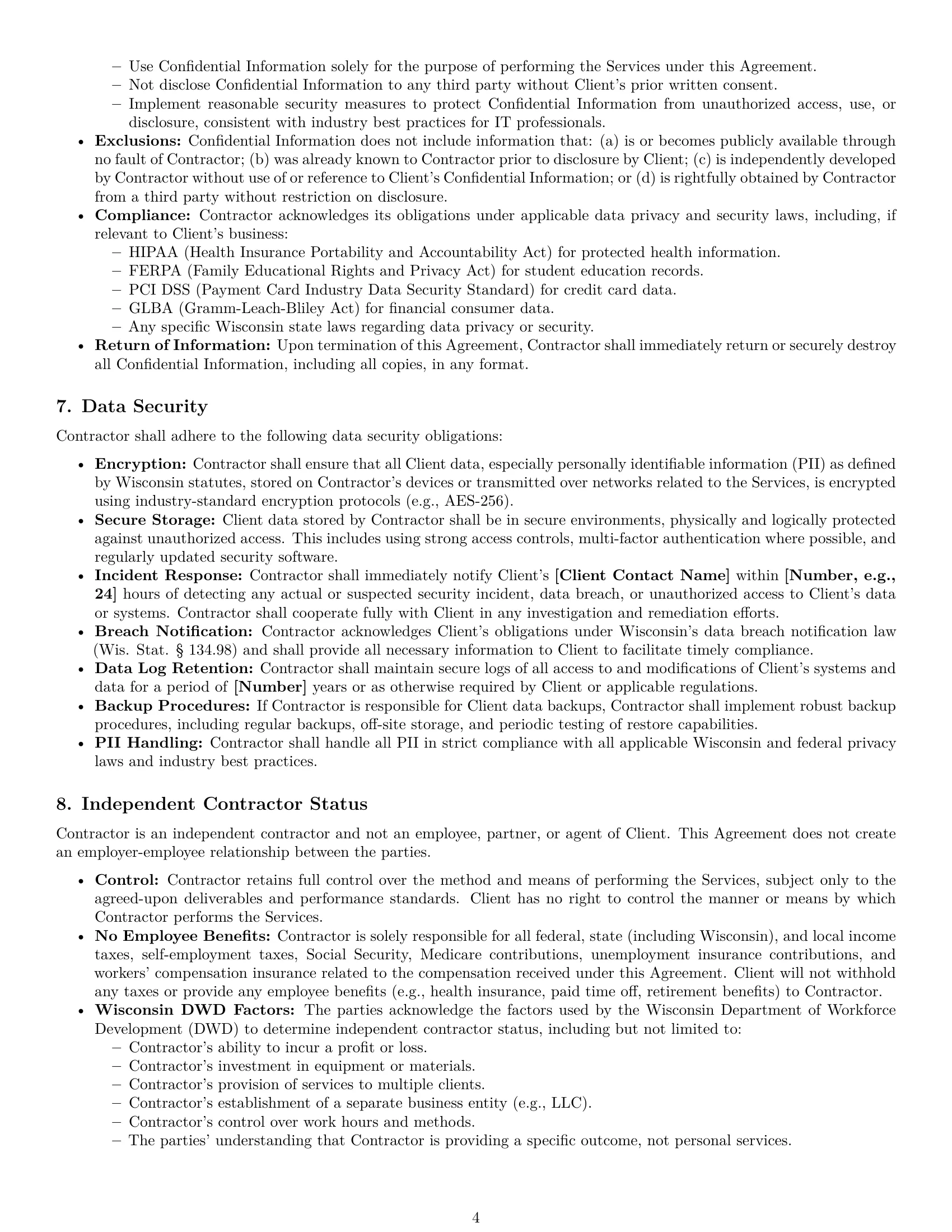 Preview page 4 of Pro Wisconsin IT independent contractor agreement template
