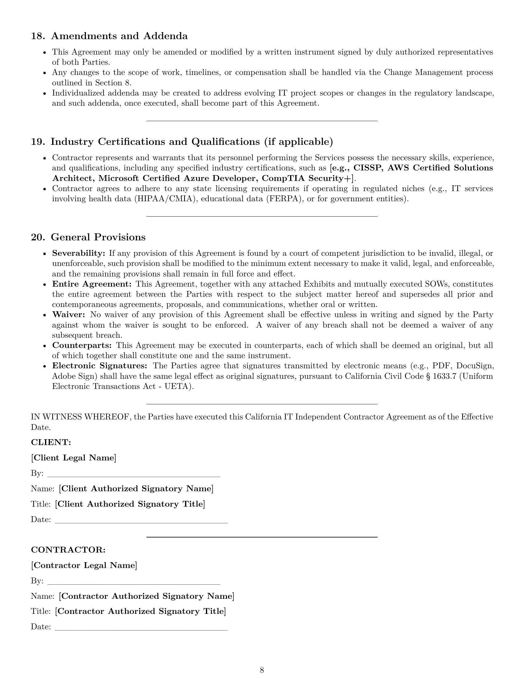 Preview page 8 of Pro California IT independent contractor agreement template