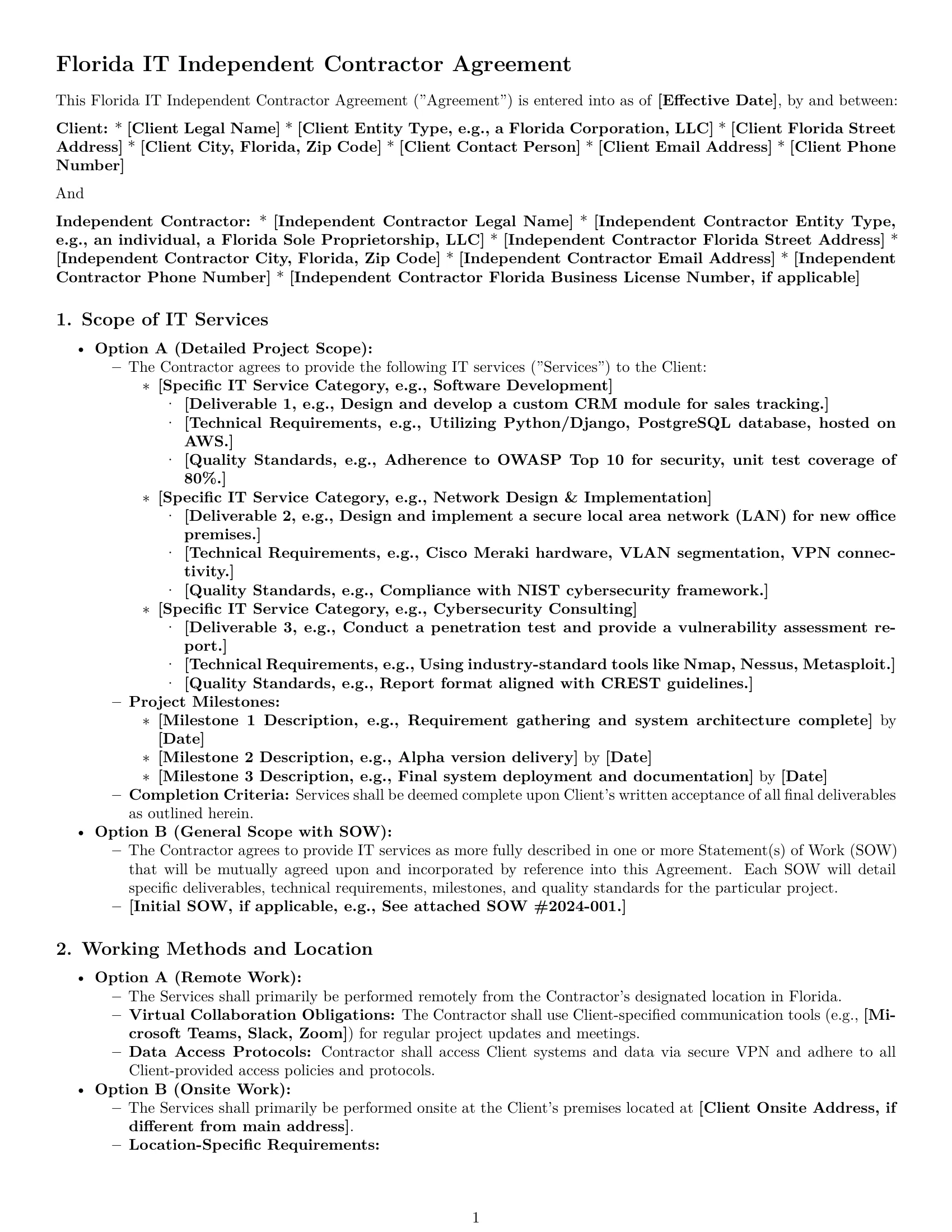 Preview page 1 of Pro Florida IT independent contractor agreement template