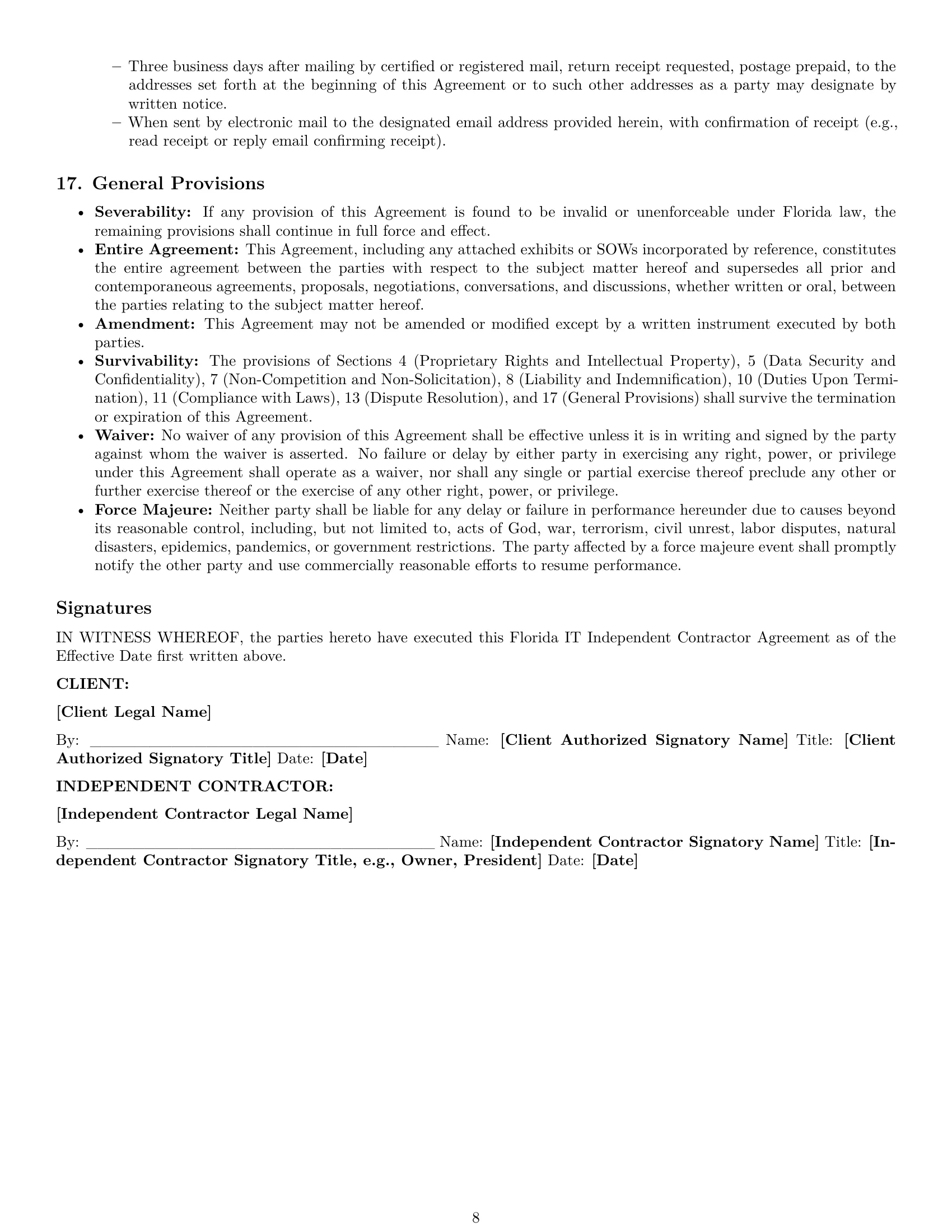 Preview page 8 of Pro Florida IT independent contractor agreement template