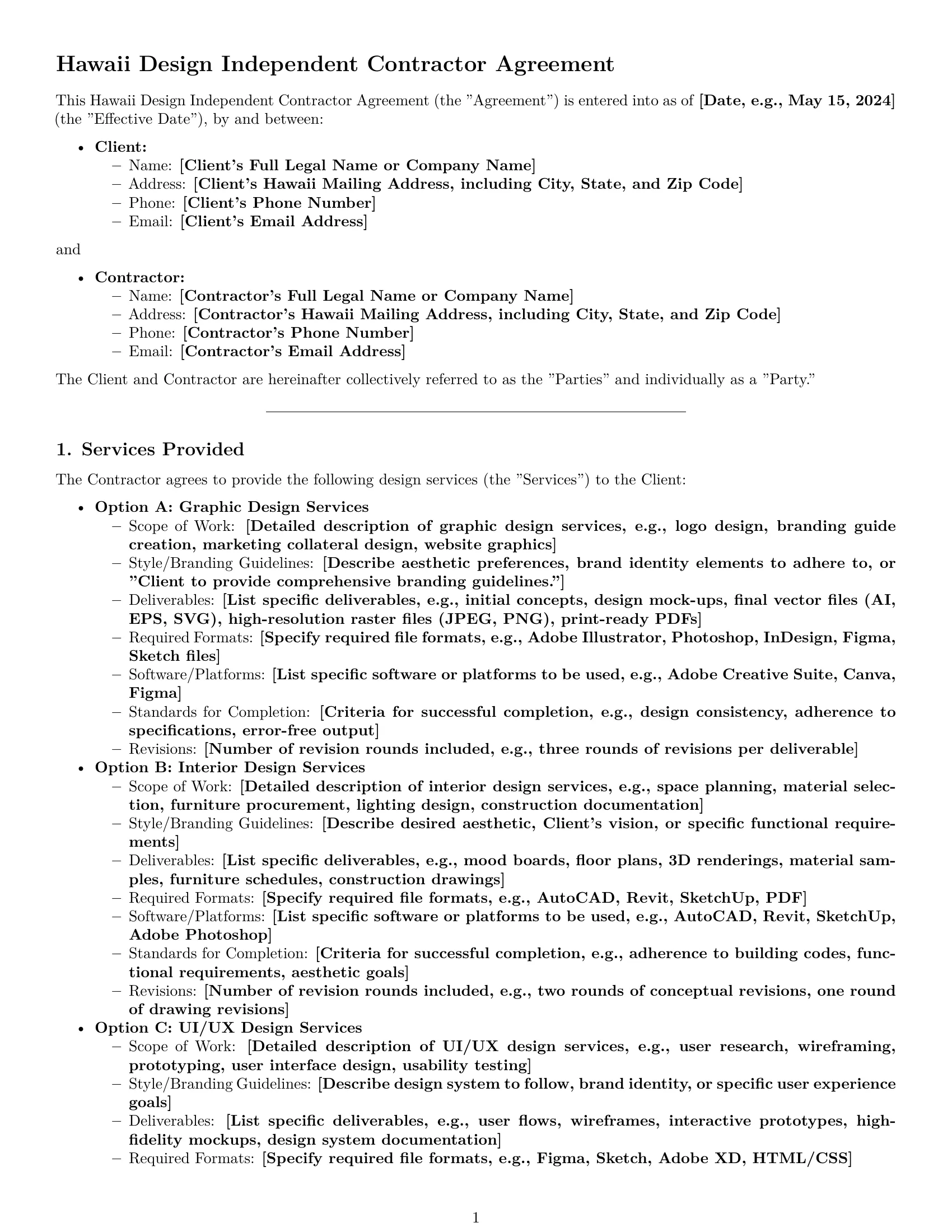 Preview page 1 of Pro Hawaii design independent contractor agreement template