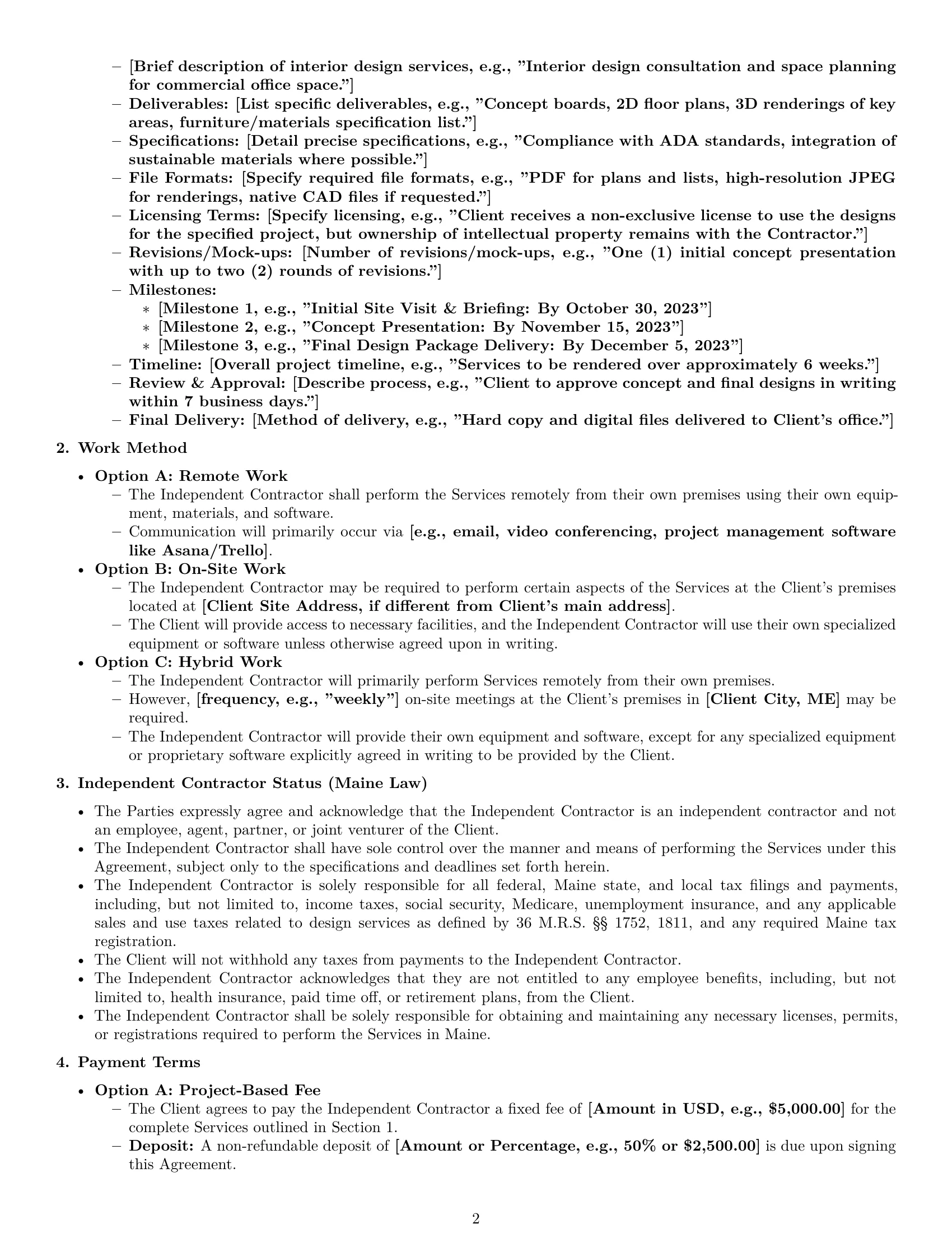 Preview page 2 of Pro Maine design independent contractor agreement template