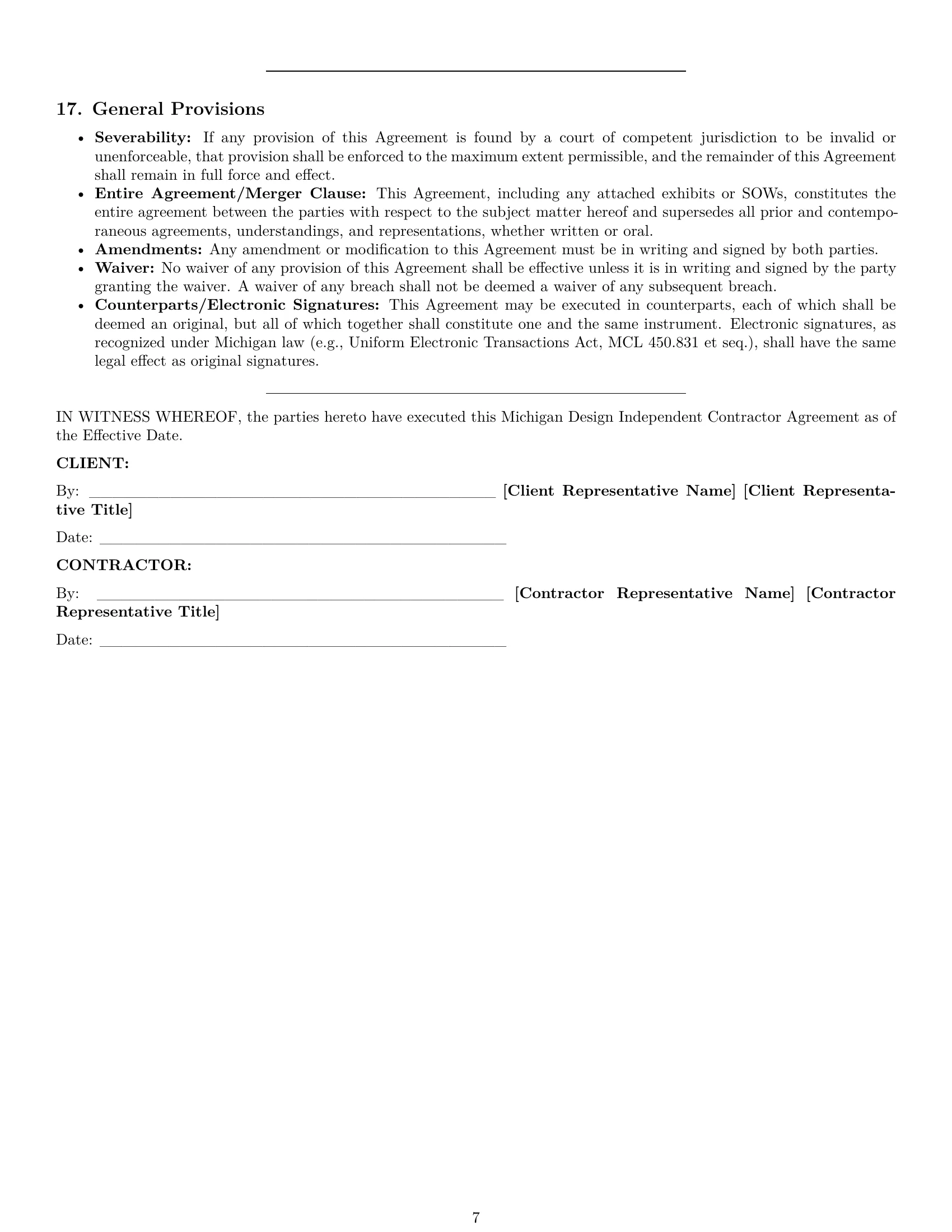 Preview page 7 of Pro Michigan design independent contractor agreement template