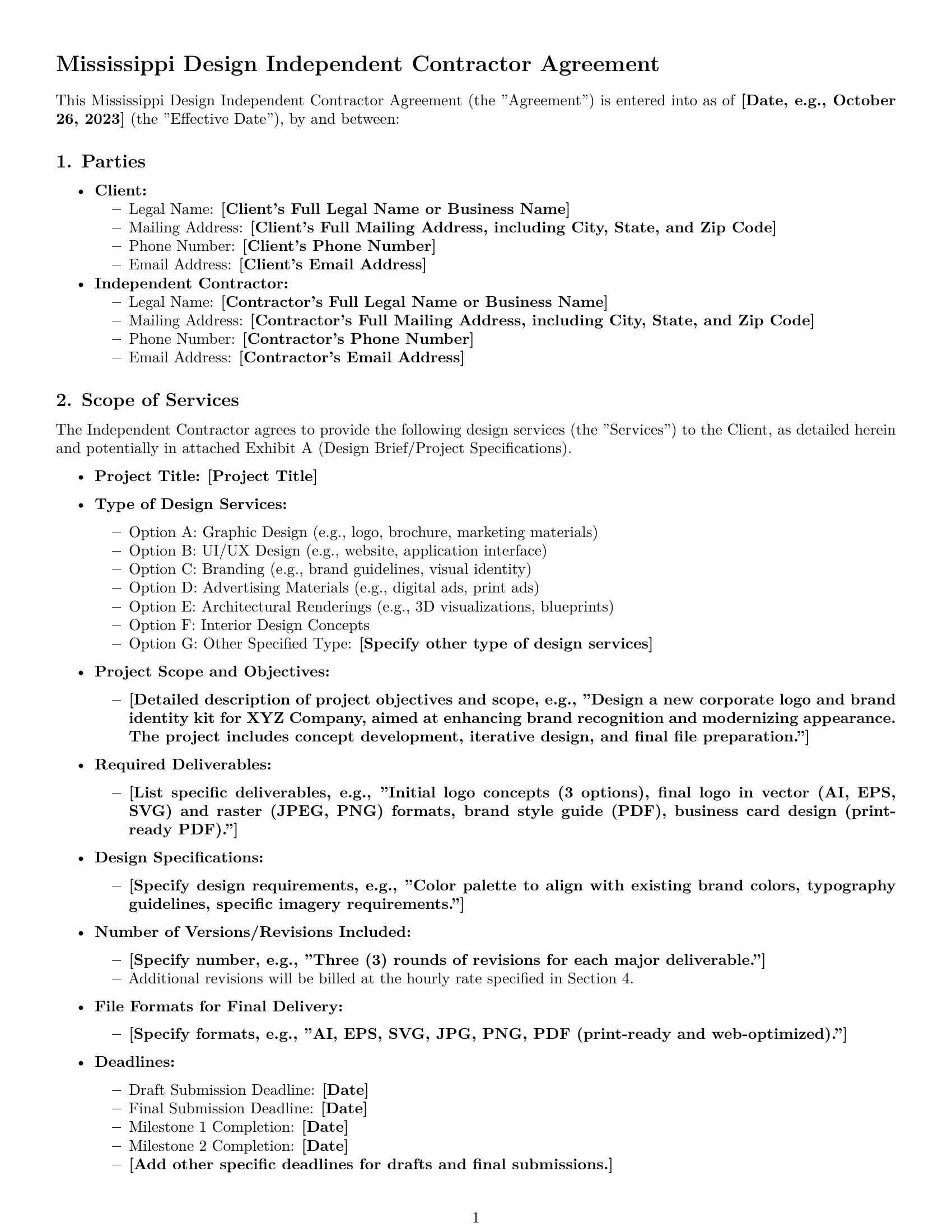 Preview page 1 of Pro Mississippi design independent contractor agreement template