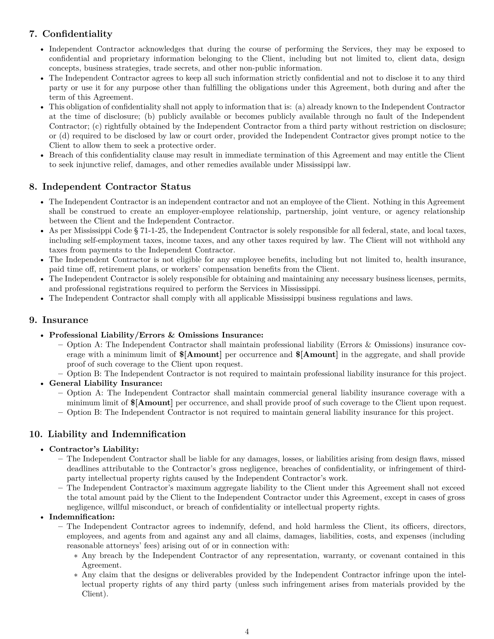 Preview page 4 of Pro Mississippi design independent contractor agreement template