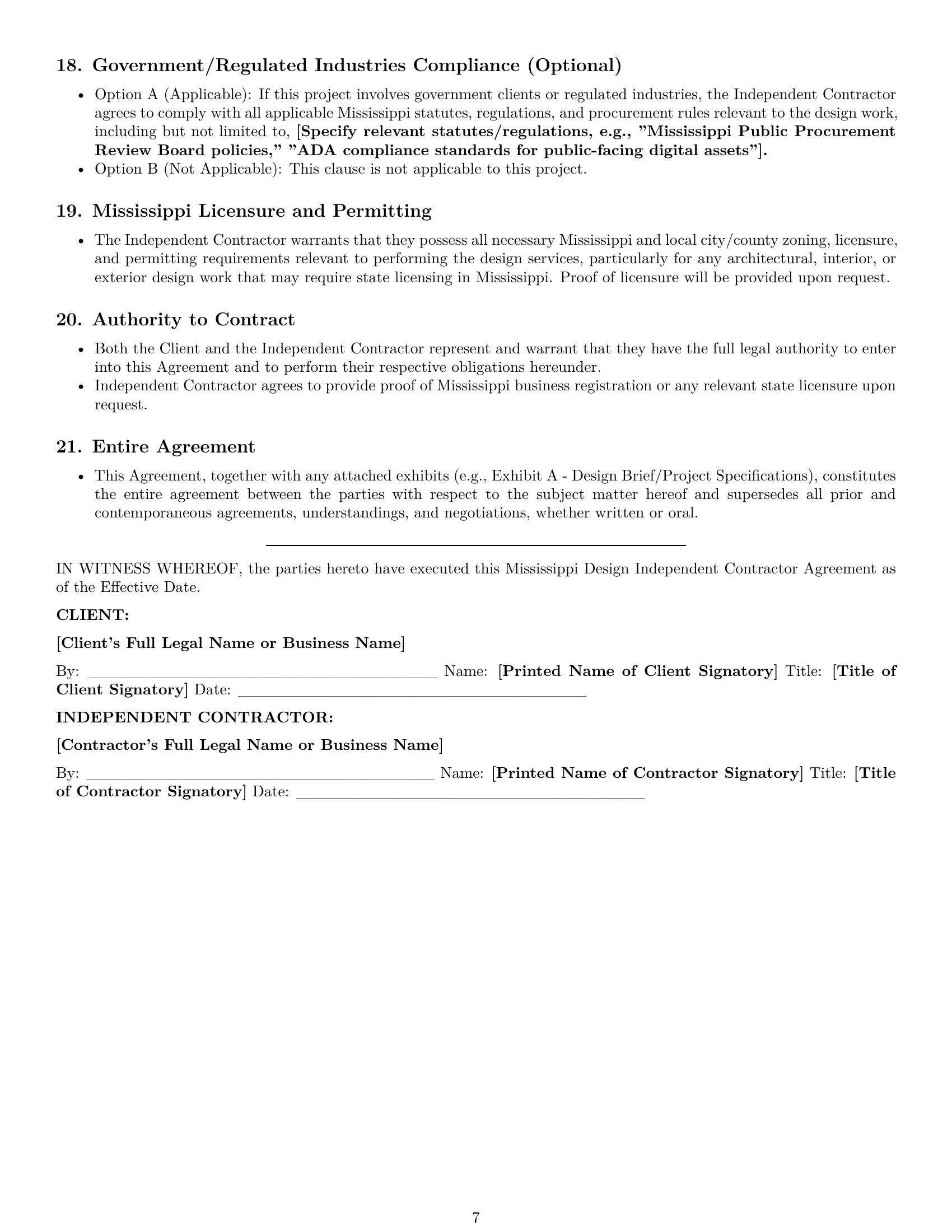 Preview page 7 of Pro Mississippi design independent contractor agreement template