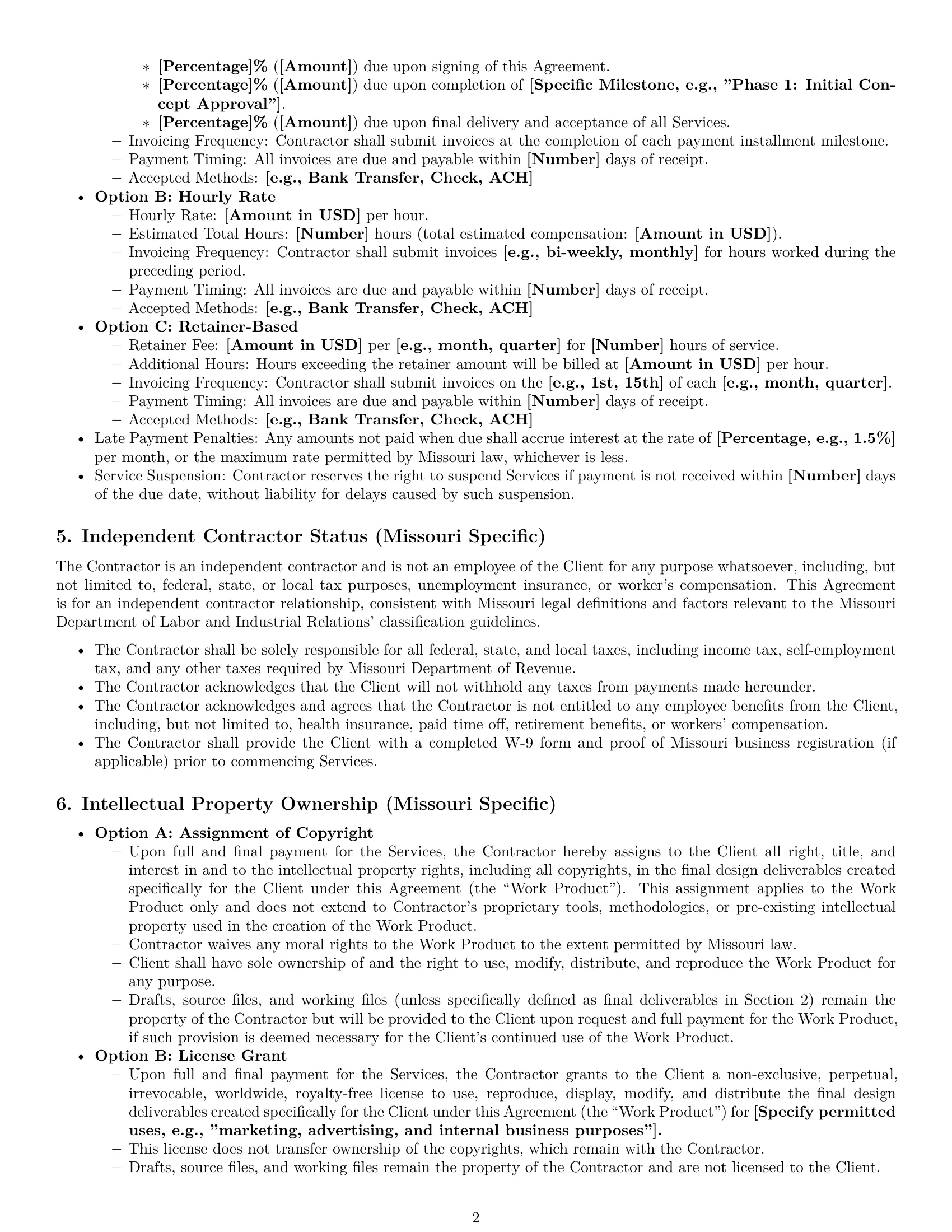 Preview page 2 of Pro Missouri design independent contractor agreement template