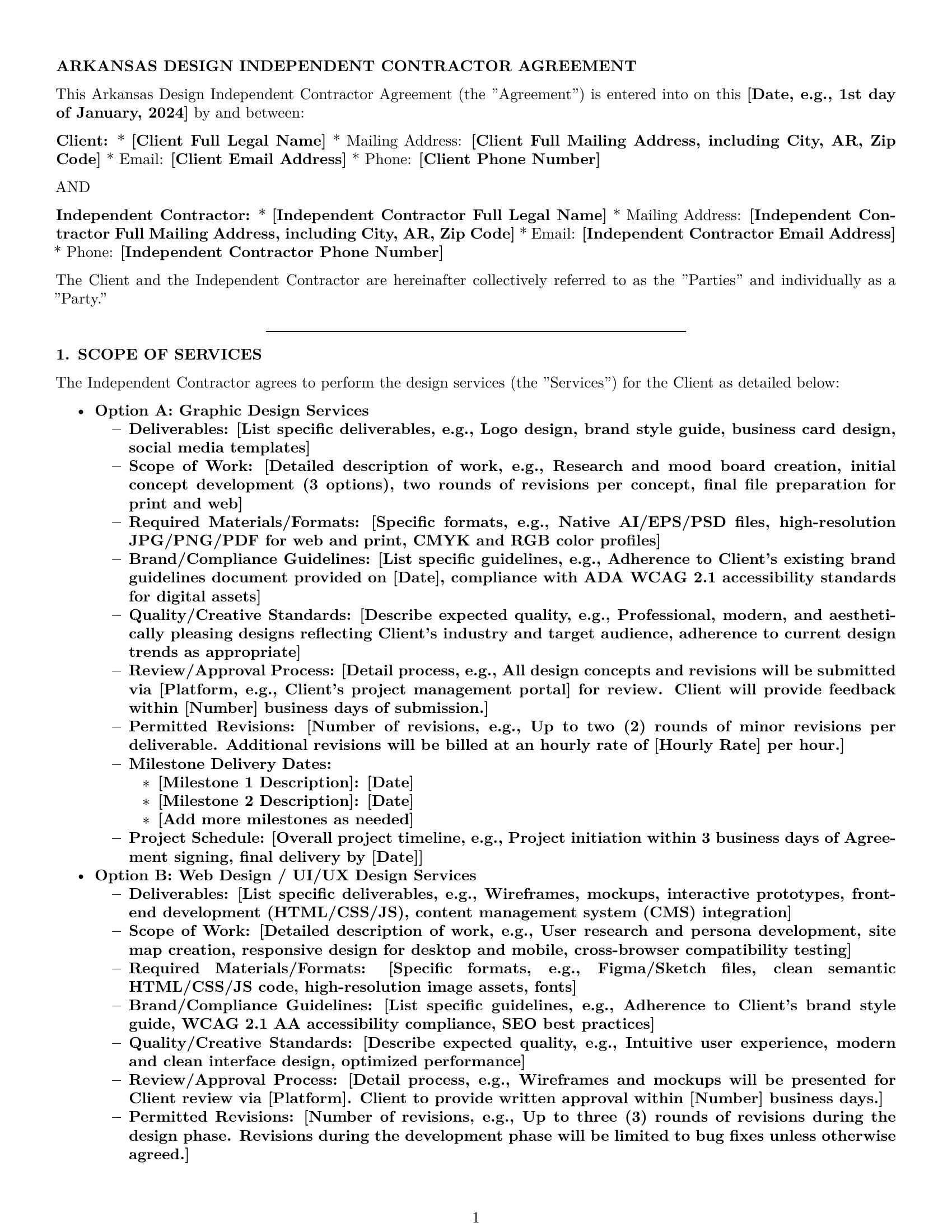 Preview page 1 of Pro Arkansas design independent contractor agreement template