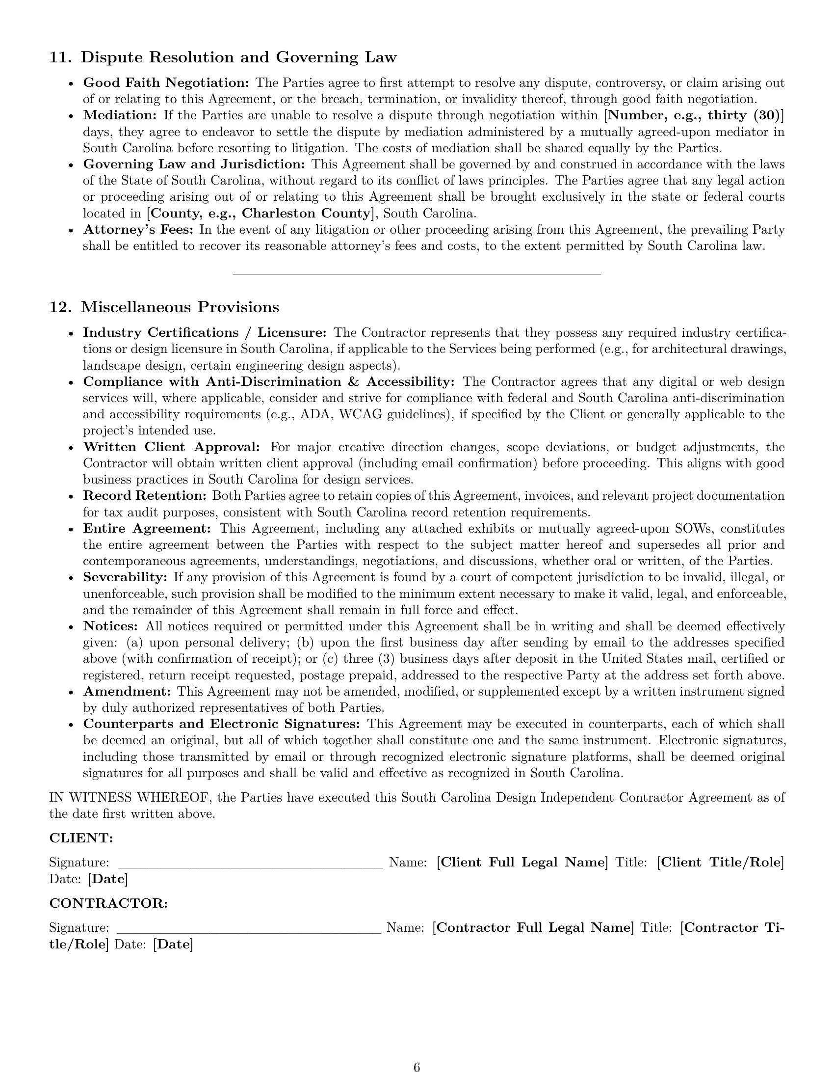 Preview page 6 of Pro South Carolina design independent contractor agreement template