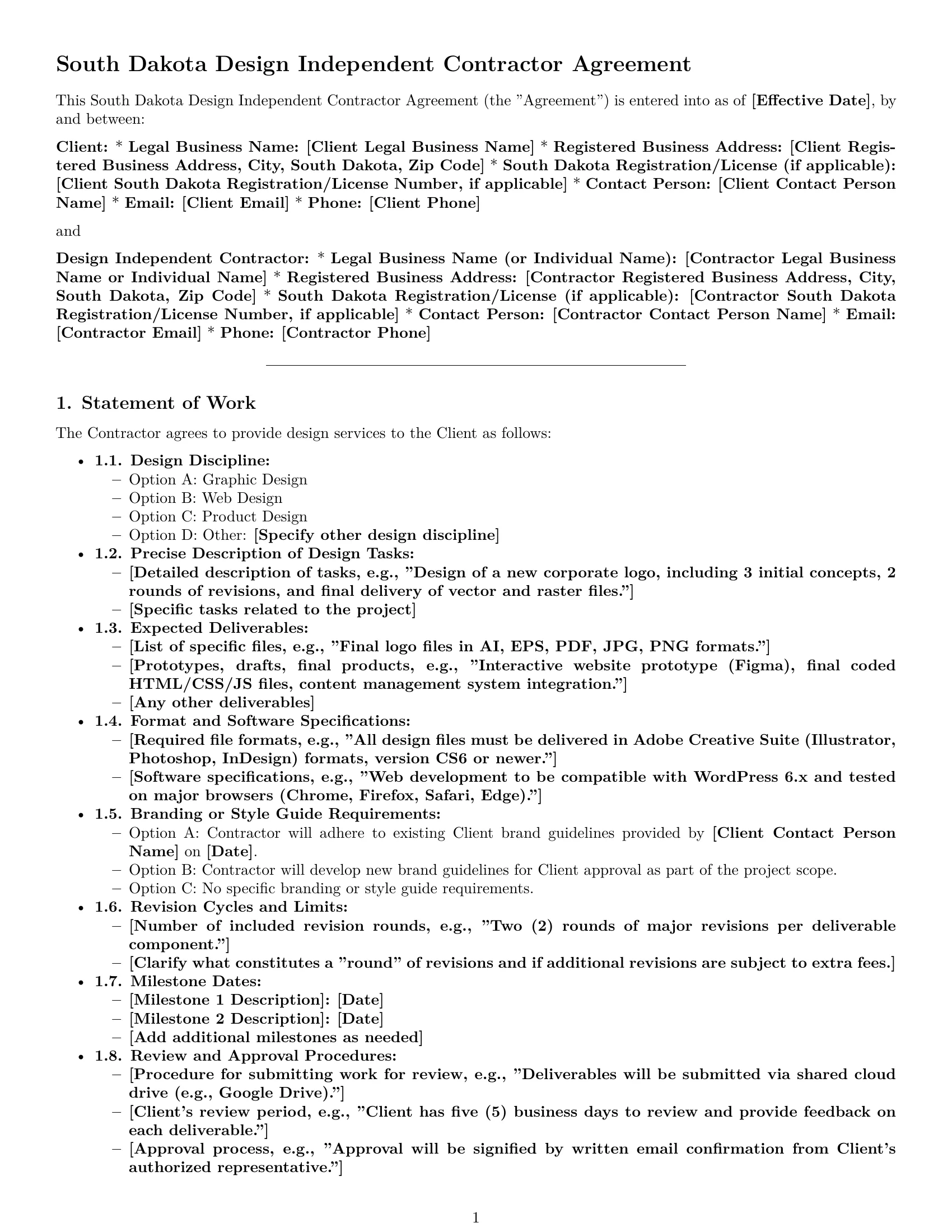 Preview page 1 of Pro South Dakota design independent contractor agreement template