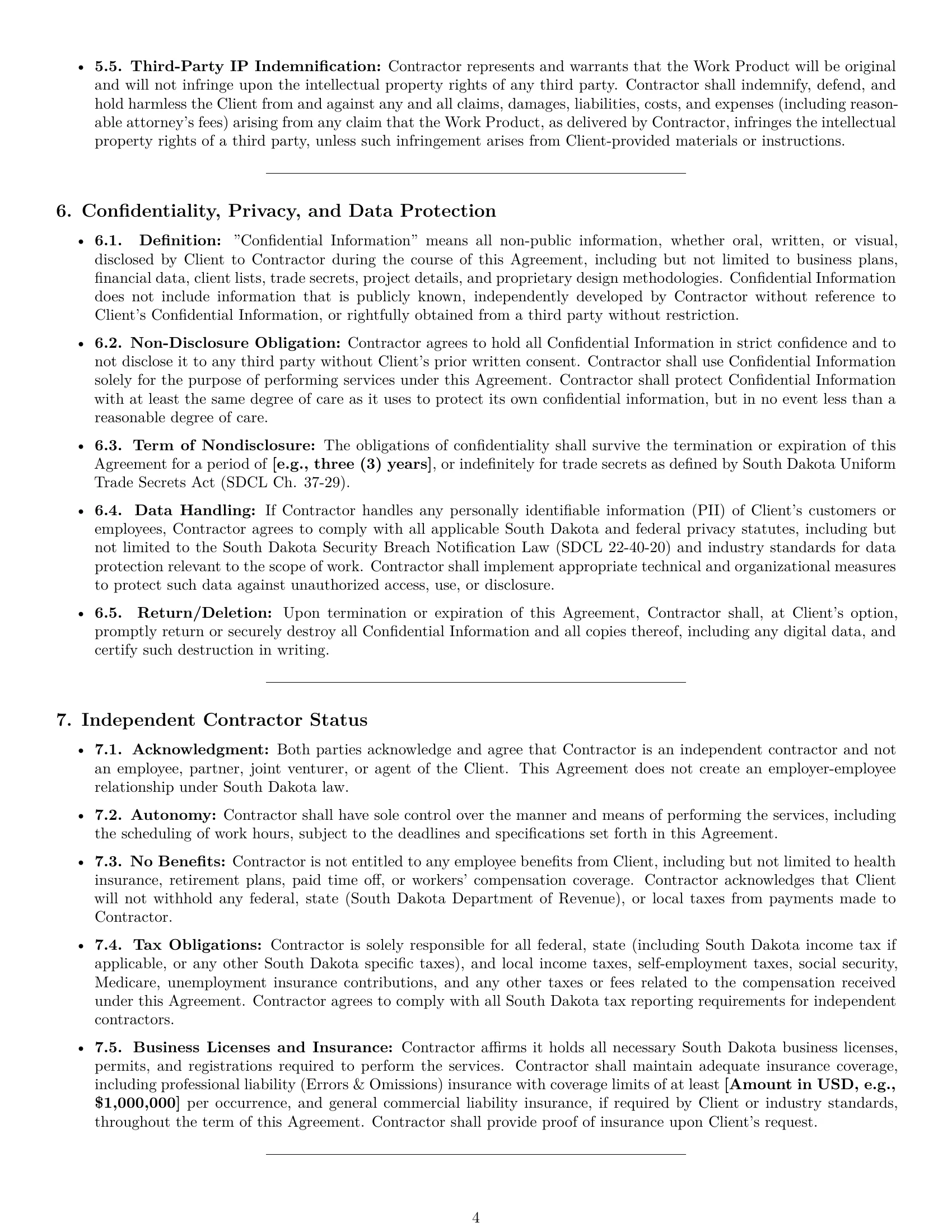 Preview page 4 of Pro South Dakota design independent contractor agreement template