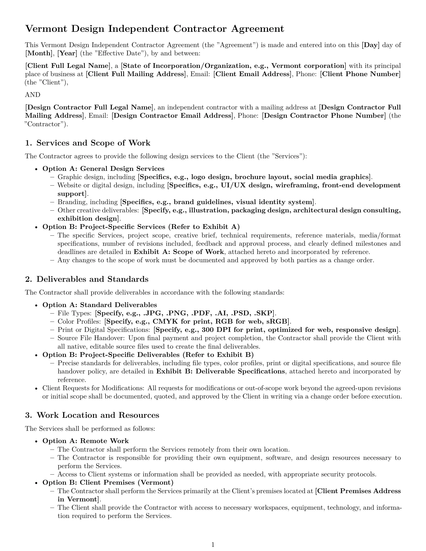 Preview page 1 of Pro Vermont design independent contractor agreement template