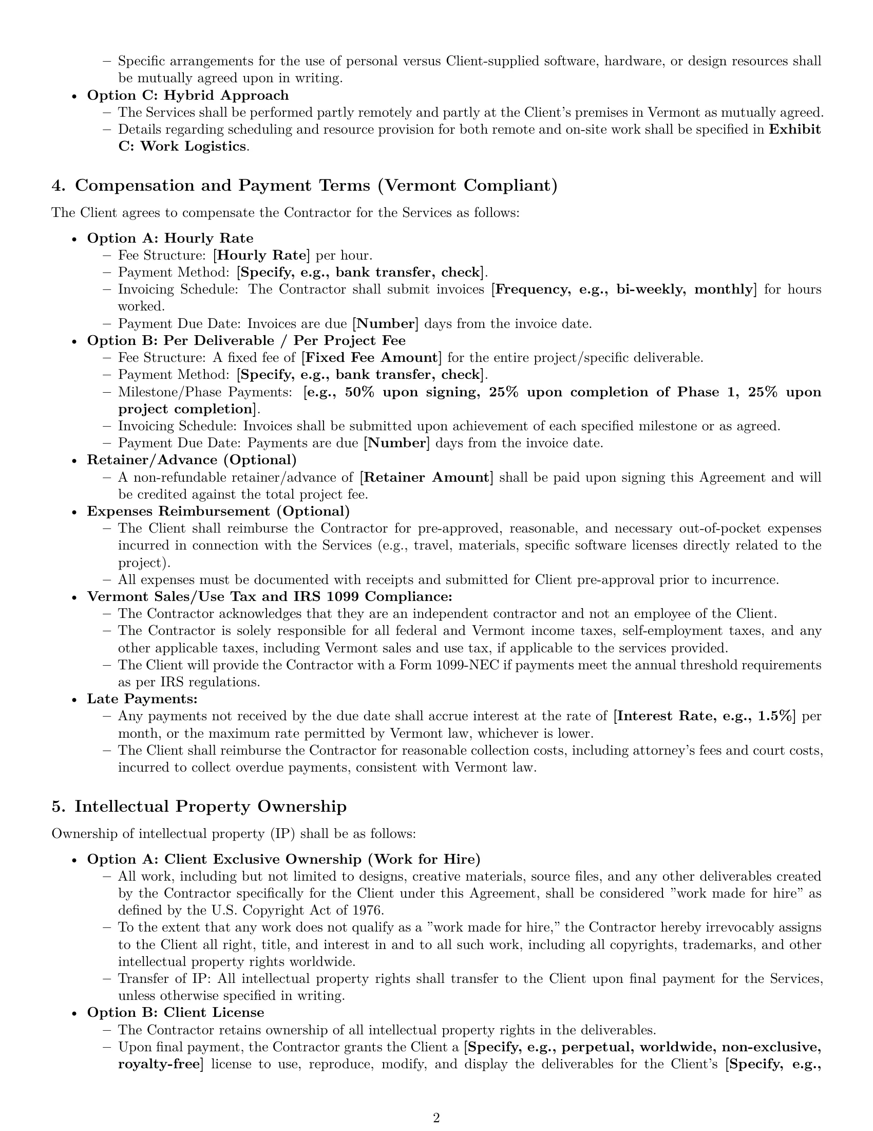 Preview page 2 of Pro Vermont design independent contractor agreement template