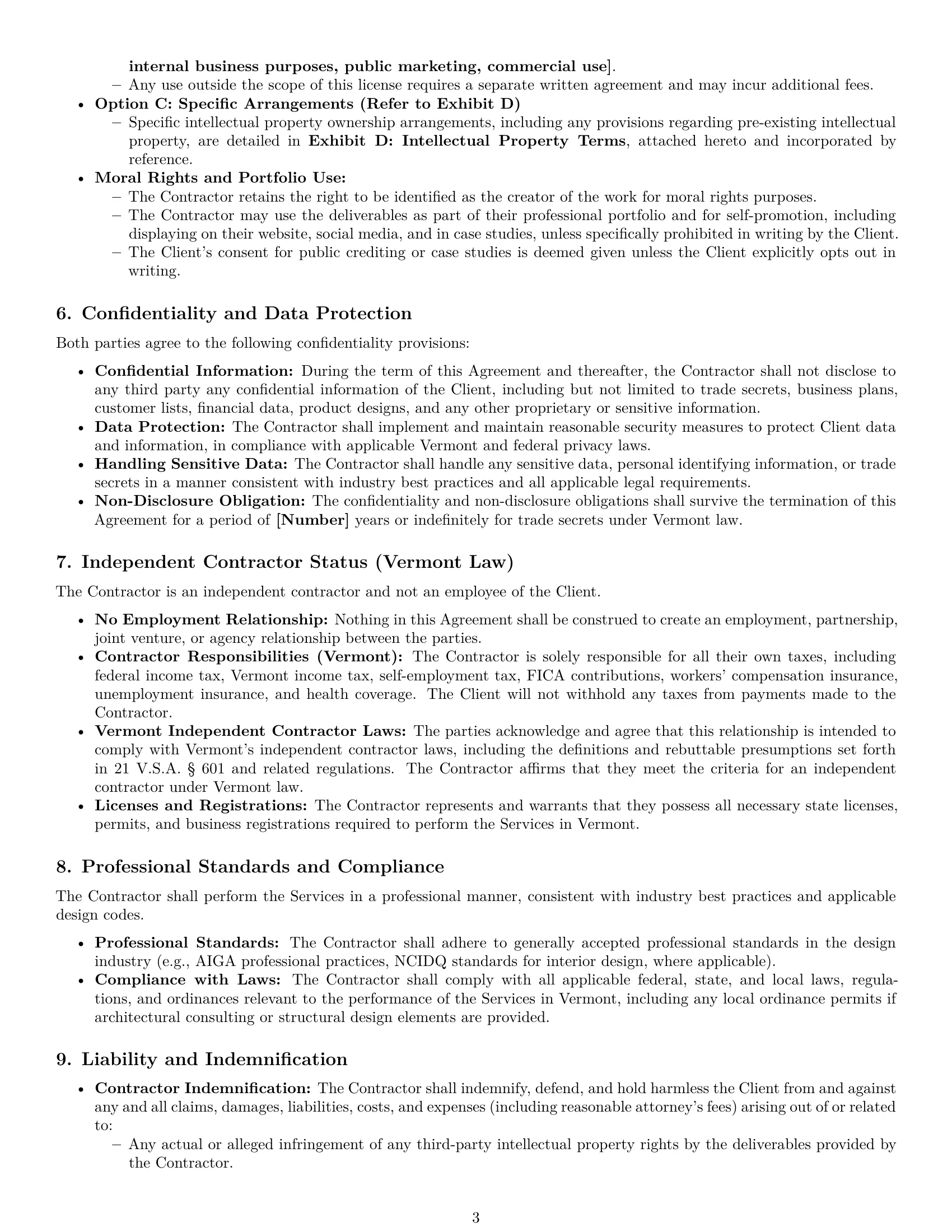 Preview page 3 of Pro Vermont design independent contractor agreement template