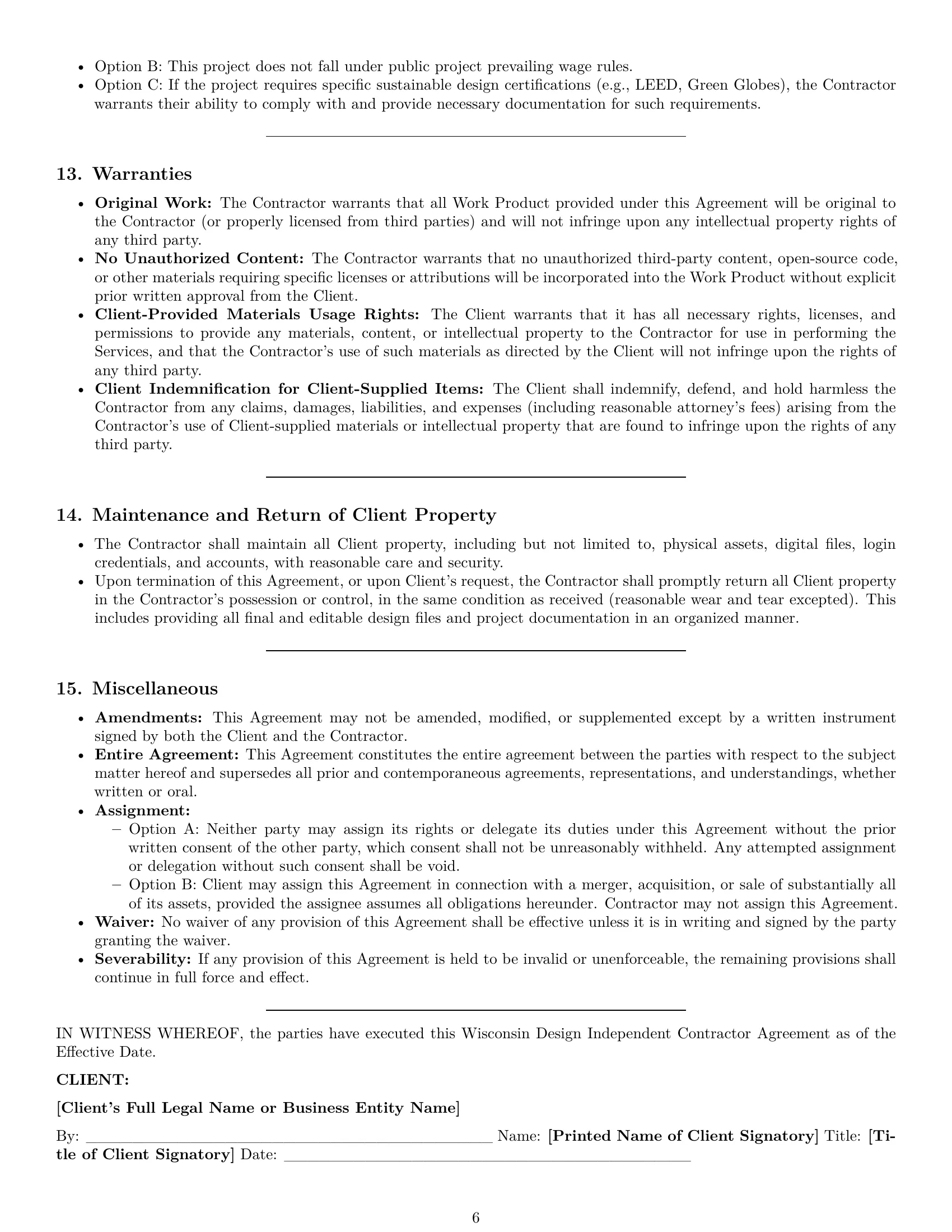 Preview page 6 of Pro Wisconsin design independent contractor agreement template