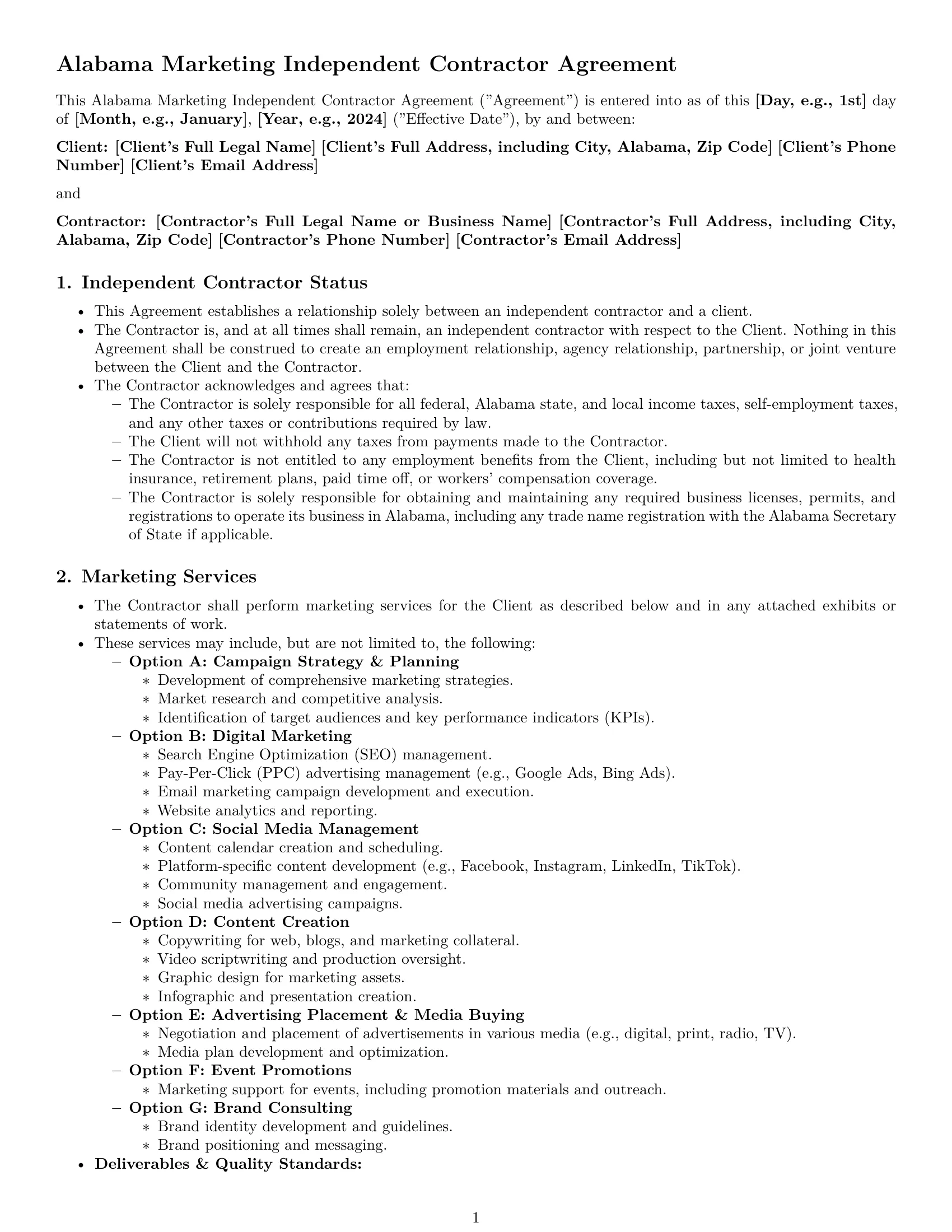 Preview page 1 of Pro Alabama marketing independent contractor agreement template