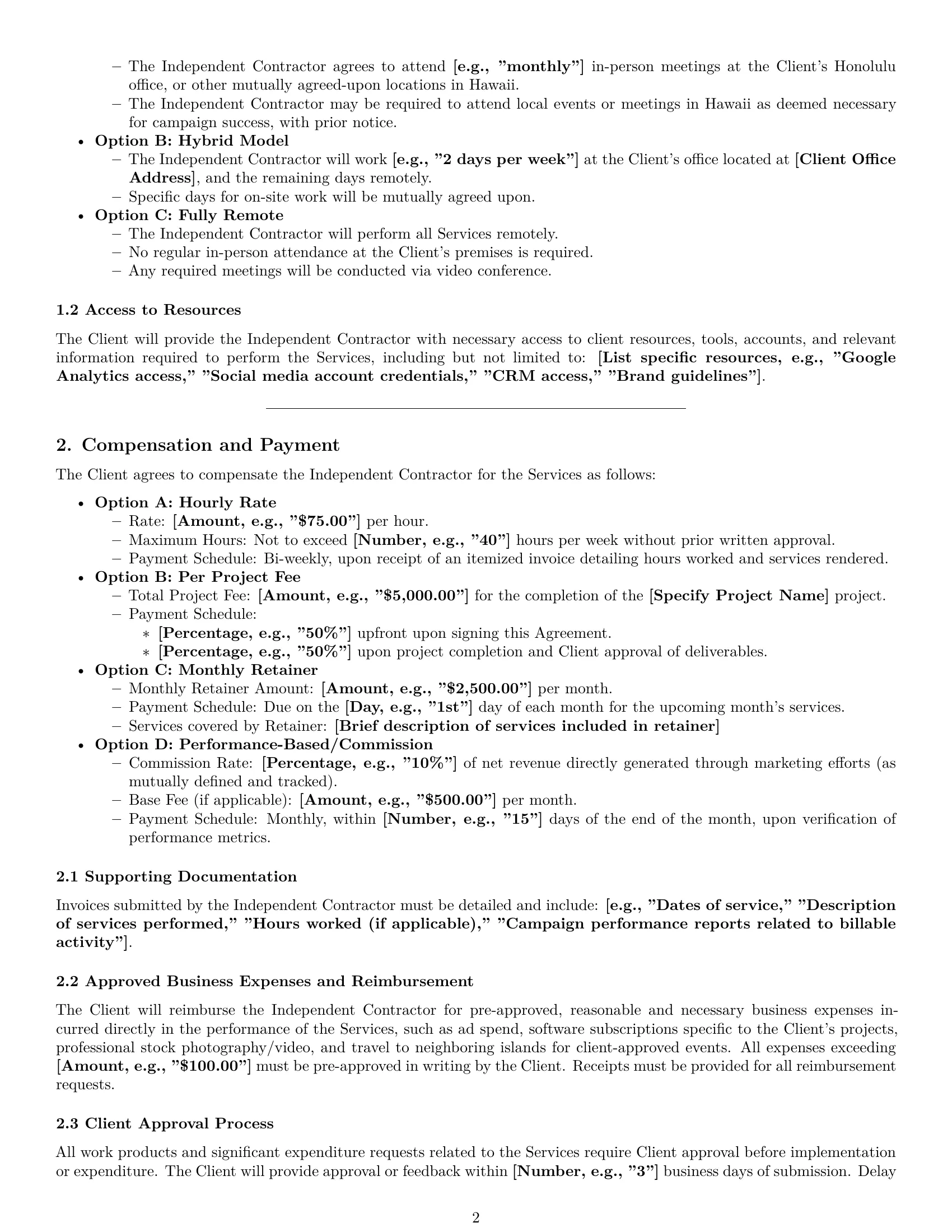 Preview page 2 of Pro Hawaii marketing independent contractor agreement template