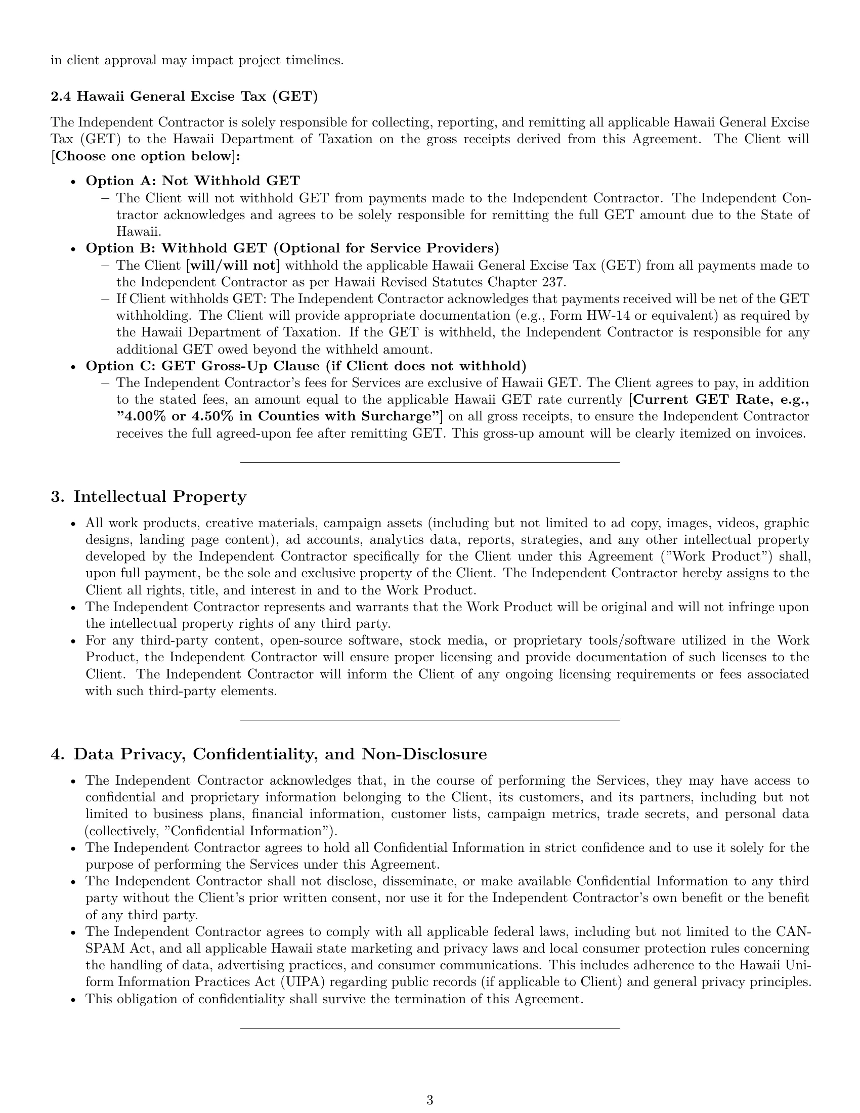Preview page 3 of Pro Hawaii marketing independent contractor agreement template