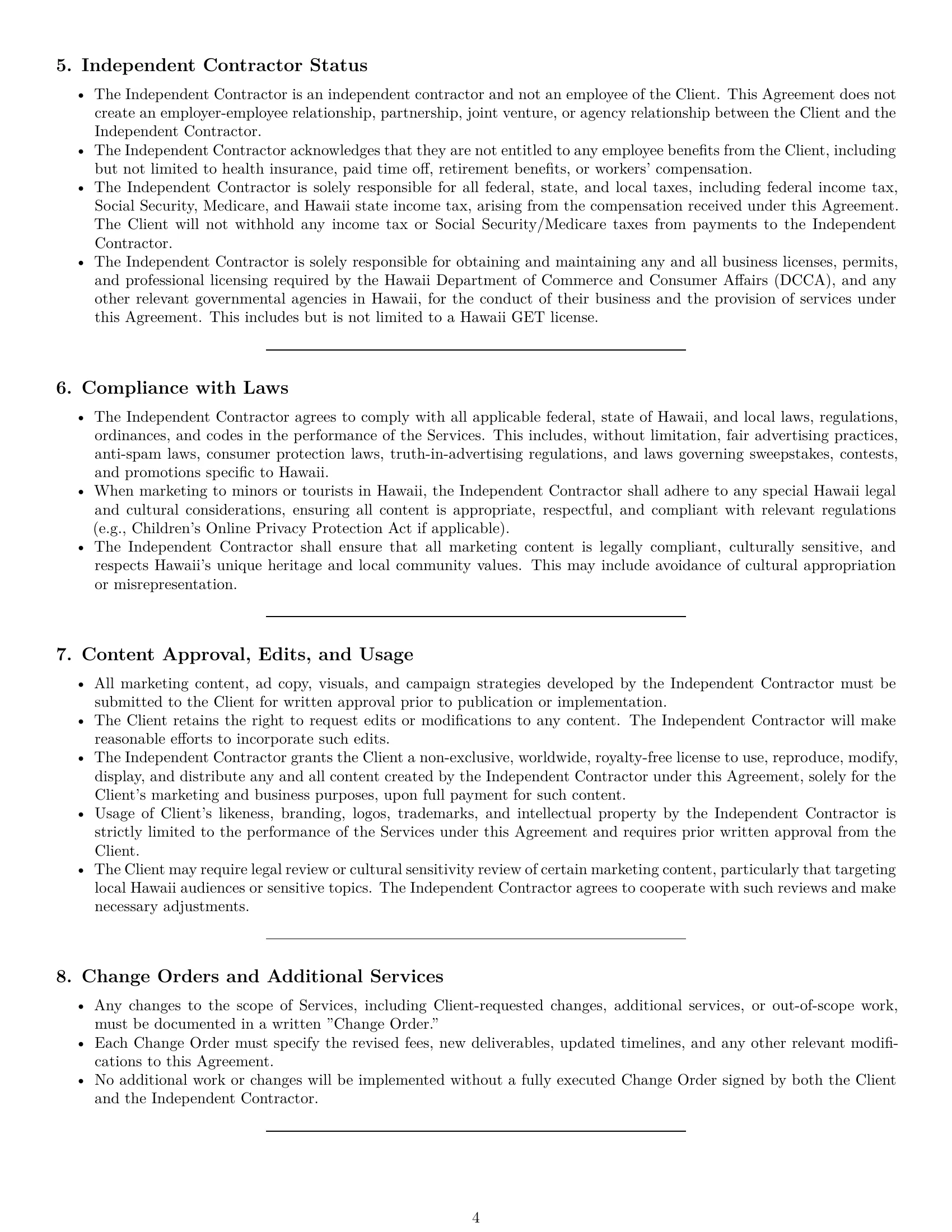 Preview page 4 of Pro Hawaii marketing independent contractor agreement template