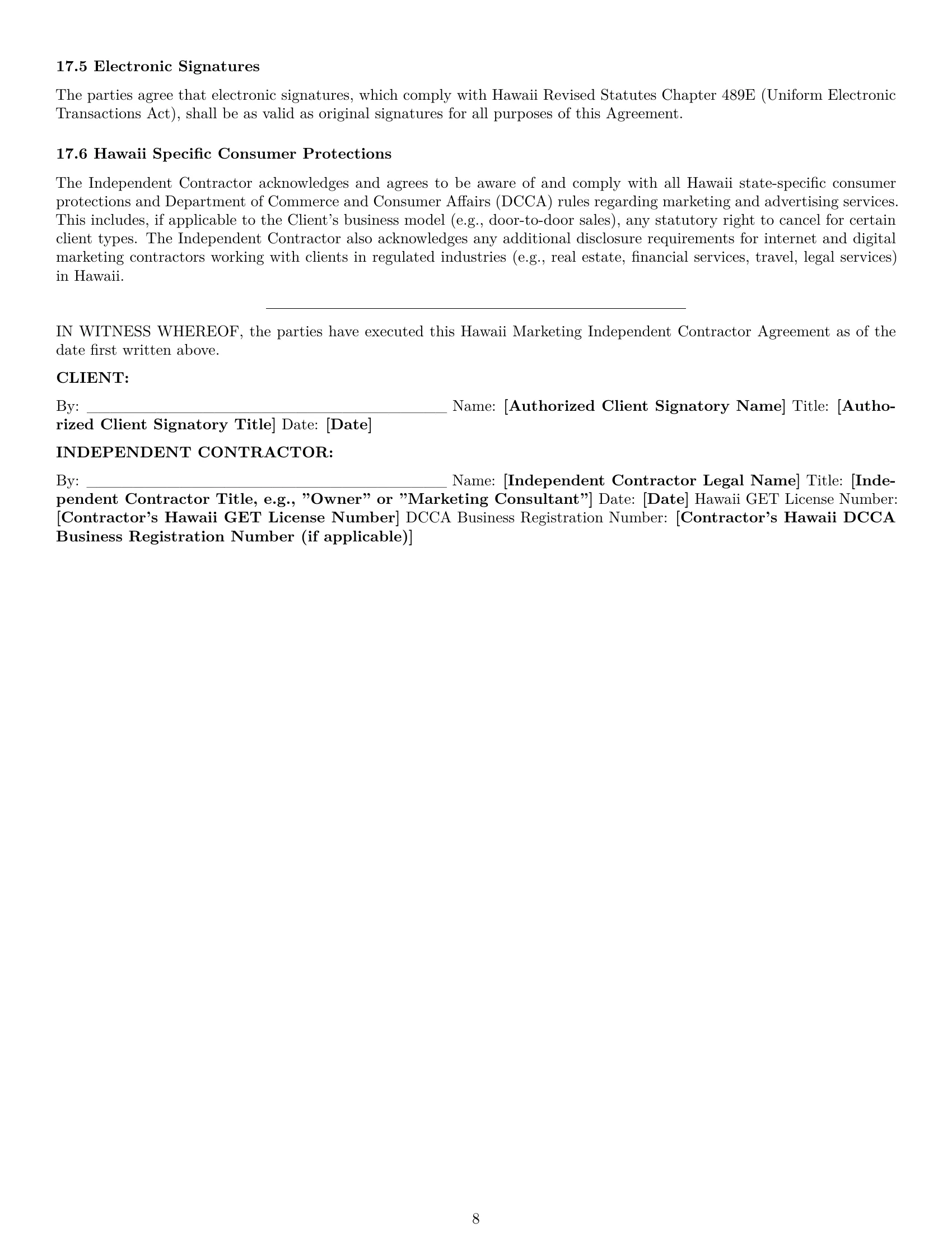 Preview page 8 of Pro Hawaii marketing independent contractor agreement template