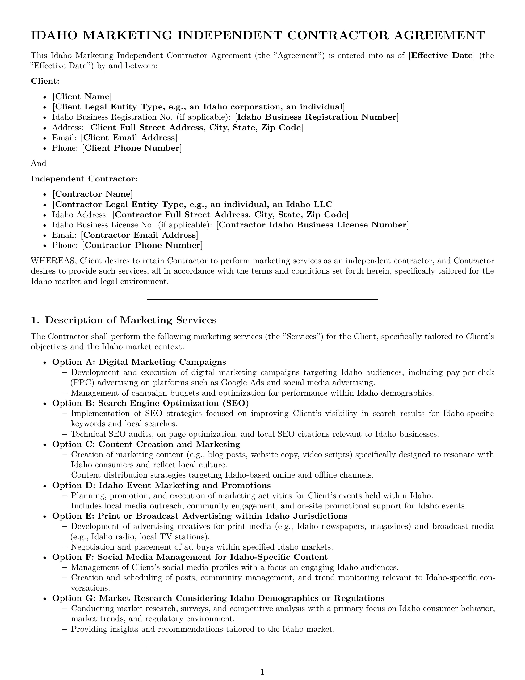 Preview page 1 of Pro Idaho marketing independent contractor agreement template