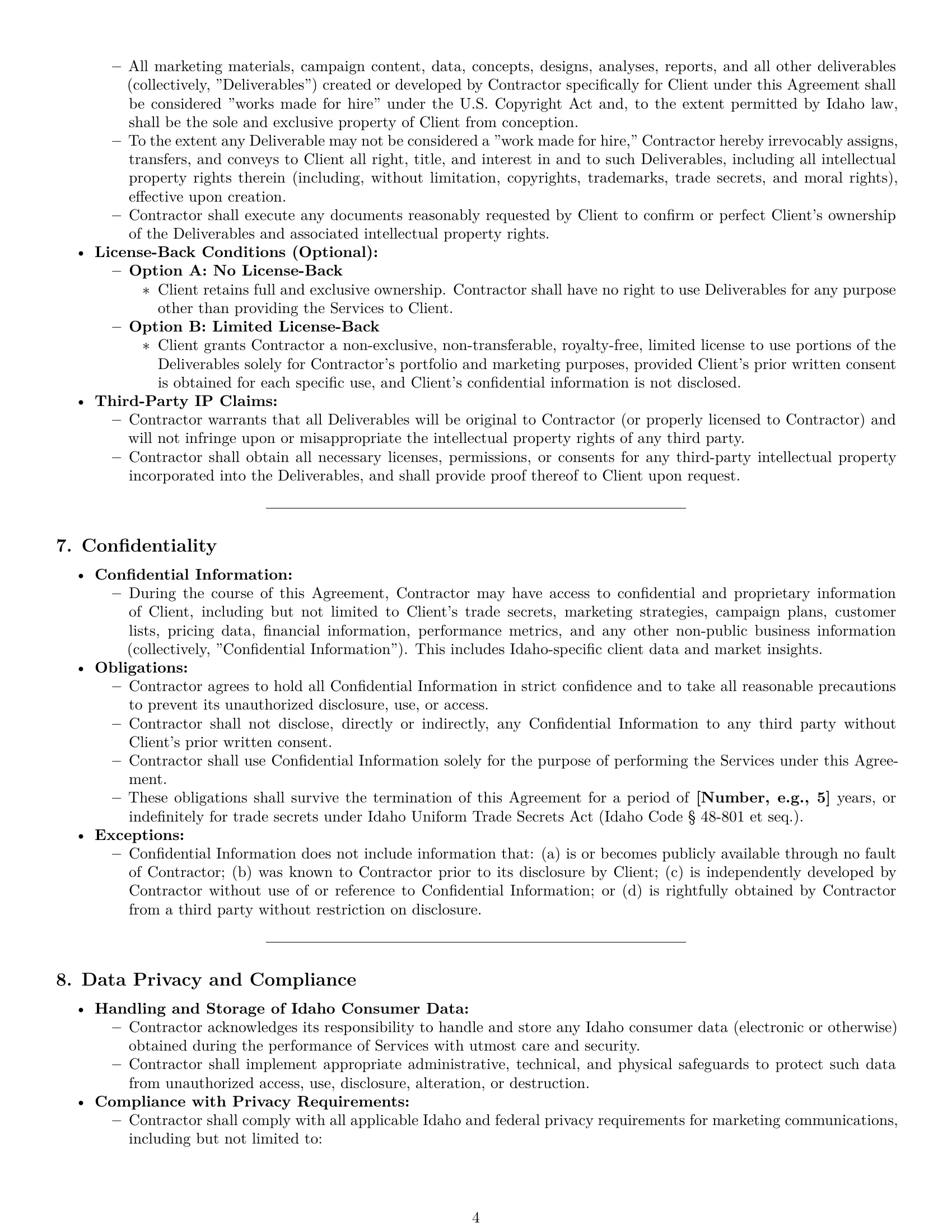 Preview page 4 of Pro Idaho marketing independent contractor agreement template