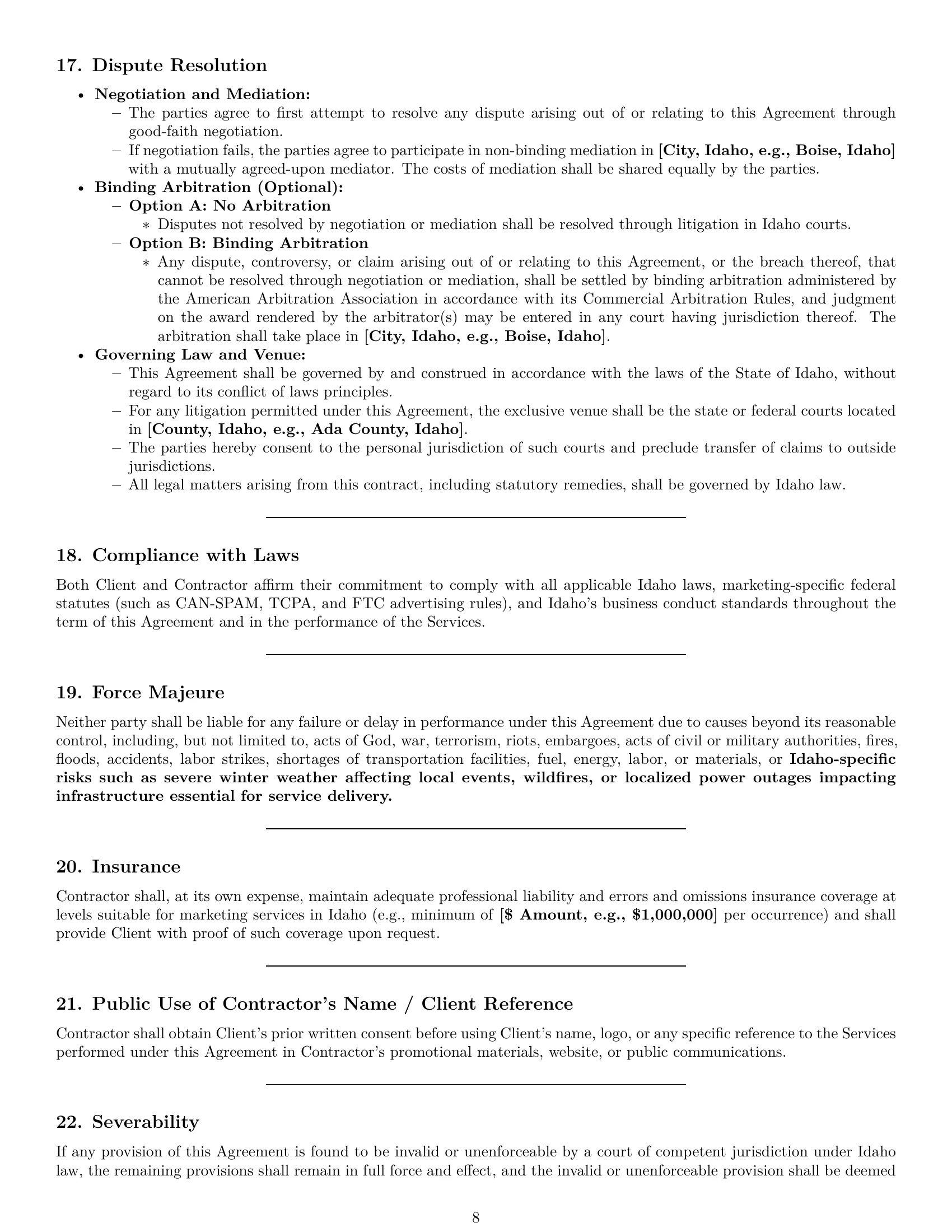 Preview page 8 of Pro Idaho marketing independent contractor agreement template